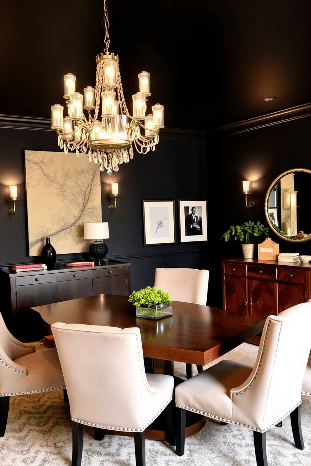 A cozy black dining room features layered lighting that creates an inviting atmosphere. The room is adorned with a statement chandelier above the dining table, complemented by wall sconces that cast a warm glow. The walls are painted in a deep matte black, enhancing the richness of the space. A large wooden table with plush upholstered chairs invites gatherings, while a stylish sideboard adds functionality and elegance.