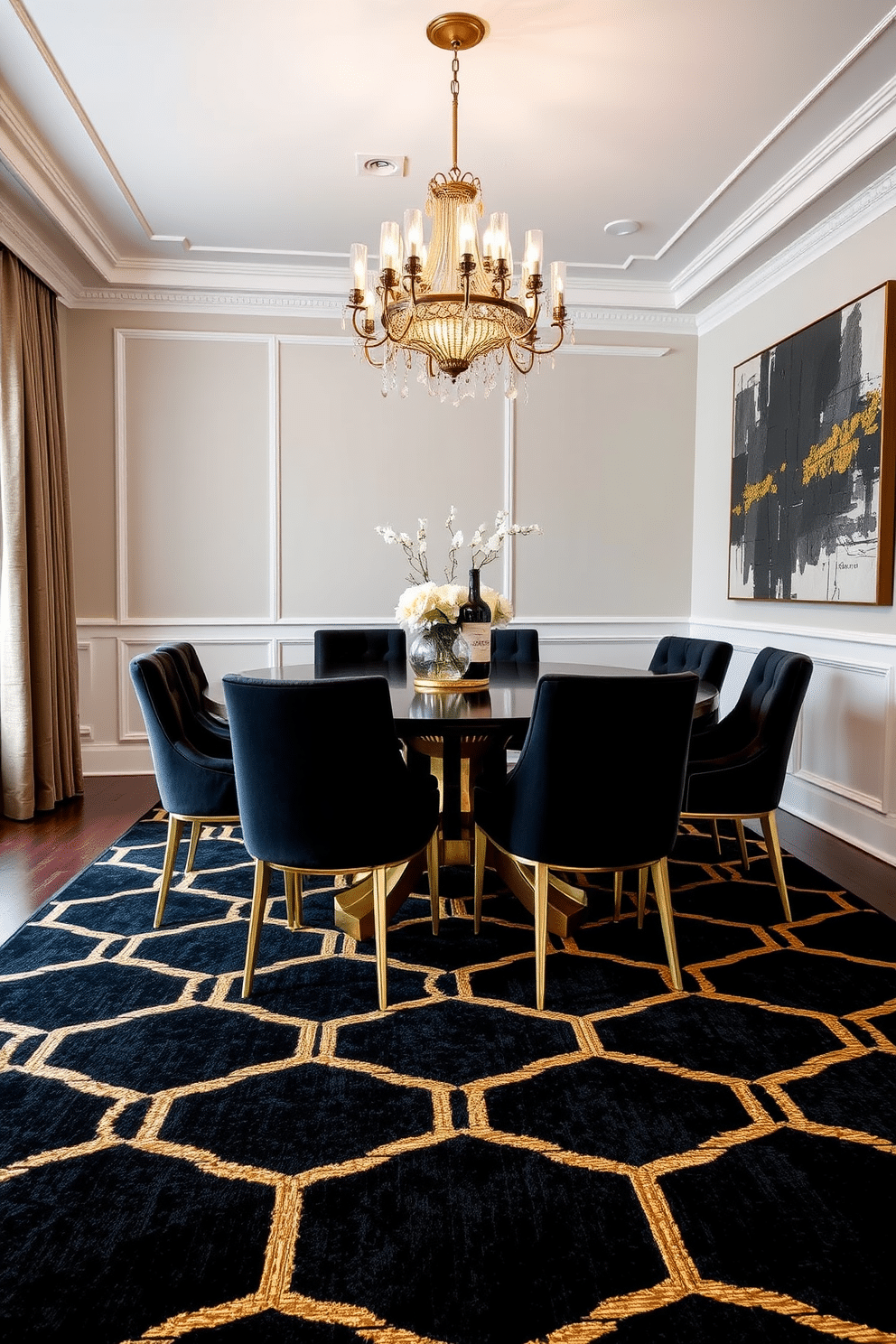 A striking black and gold geometric rug anchors the space, featuring bold patterns that add a modern touch to the room. The rug complements the sleek, dark wood dining table surrounded by plush black chairs with gold accents, creating an elegant and cohesive look. The dining room is adorned with a statement chandelier that features black and gold elements, casting a warm glow over the table. A large piece of abstract art in coordinating colors hangs on the wall, enhancing the sophisticated atmosphere of the space.