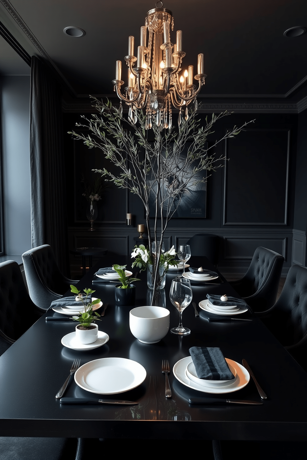 A monochrome table setting features a sleek black table adorned with elegant white dinnerware and minimalist black cutlery. Lush greenery in the form of small potted plants and a striking centerpiece of tall, leafy branches adds a touch of freshness and contrast. The black dining room design embraces deep hues with matte black walls and a stunning chandelier that casts a warm glow. Rich textures, such as velvet dining chairs and a statement art piece, create an inviting yet sophisticated atmosphere.