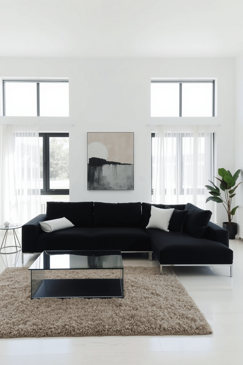 A modern minimalist black sectional sofa is positioned in the center of a spacious family room, complemented by a sleek glass coffee table. The walls are painted in a soft white hue, creating a bright and airy atmosphere, while a large abstract painting adds a touch of color above the sofa. Natural light floods the room through expansive windows, adorned with sheer curtains that gently diffuse the sunlight. A plush area rug anchors the seating arrangement, and a few carefully selected decorative pillows enhance the sofa's comfort and style.