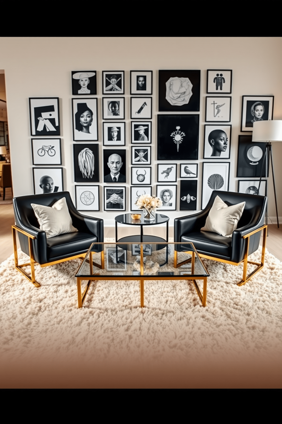 Contemporary black armchairs with gold accents sit elegantly in a spacious family room. The room features a plush, neutral-toned area rug that complements the sleek lines of the furniture. A large, modern coffee table made of glass and gold metal is positioned between the armchairs, creating a stylish focal point. Behind the seating area, a striking gallery wall showcases an array of black-and-white artwork, enhancing the sophisticated atmosphere.