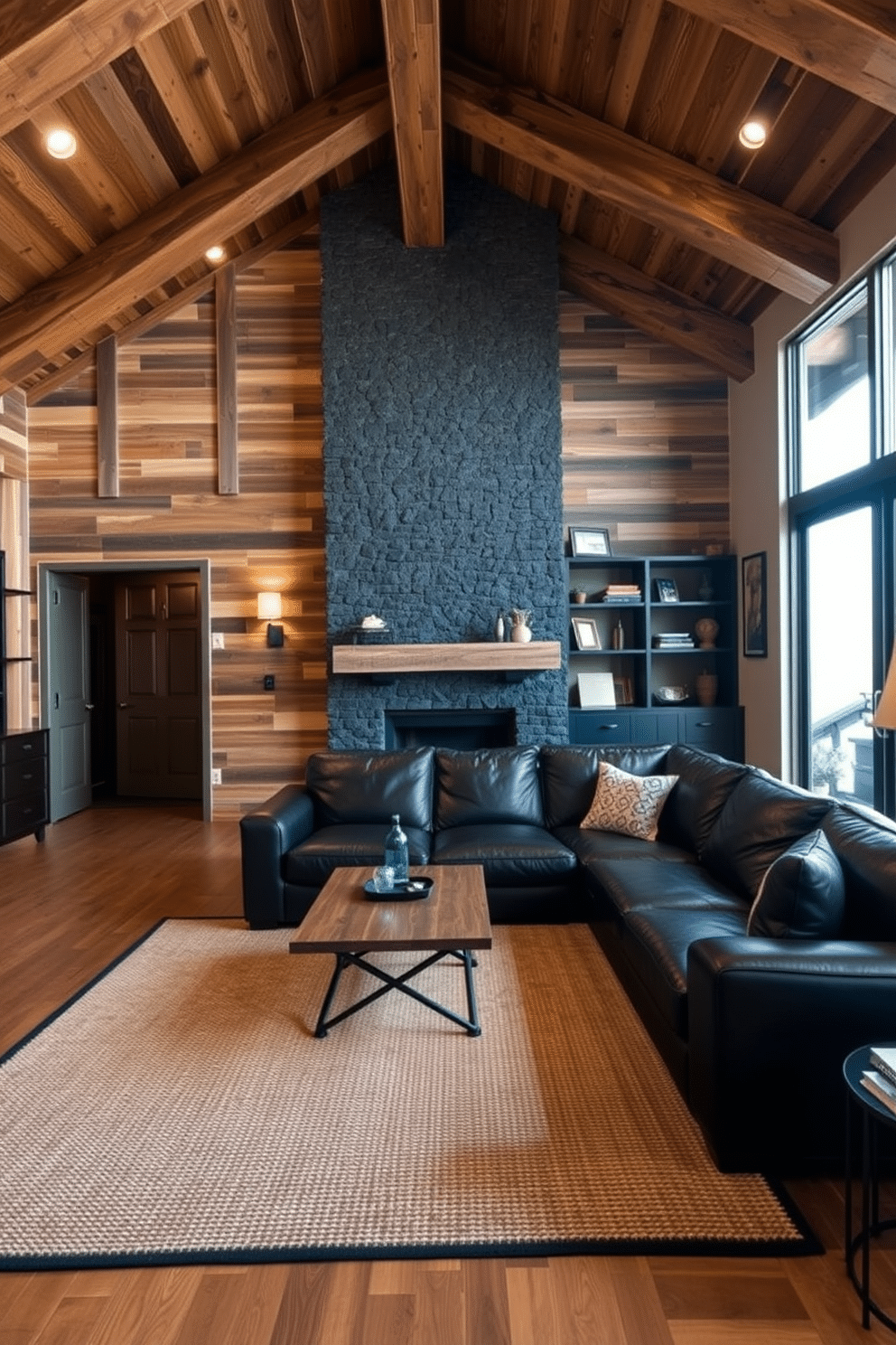 A cozy family room featuring rustic wooden beams across the ceiling, complemented by a large black leather sectional sofa. The walls are adorned with reclaimed wood panels, and a black stone fireplace serves as the room's focal point, surrounded by warm lighting from stylish fixtures. A large, textured area rug anchors the space, while a wooden coffee table with black metal accents sits in the center. Shelves filled with books and decorative items line the walls, enhancing the inviting atmosphere of this modern rustic retreat.