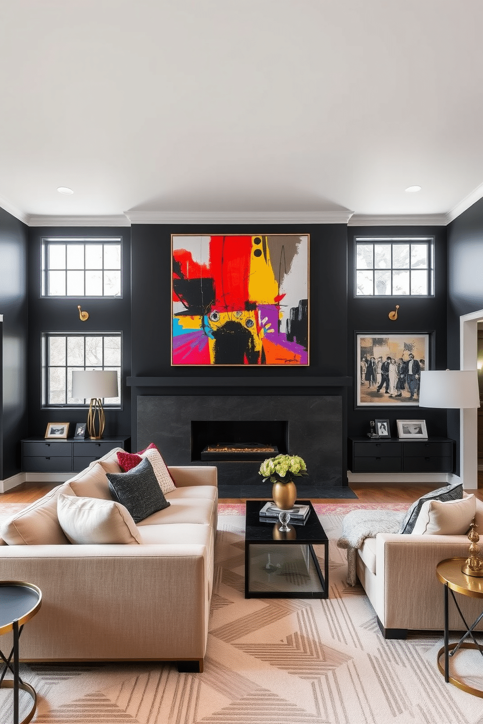 Bright abstract art against black walls creates a striking focal point in the family room, infusing energy and vibrancy into the space. The contrast between the bold colors of the artwork and the deep black walls enhances the room's modern aesthetic, making it feel both chic and inviting. The family room features a plush sectional sofa in a neutral tone, providing a cozy seating area for relaxation and conversation. Accents of gold and brass in the lighting fixtures and decorative accessories add a touch of elegance, complementing the dynamic art and dark wall color.