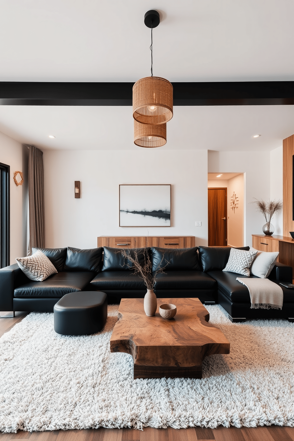 A stylish family room featuring a blend of sleek black furniture and warm natural wood accents. The space includes a large black sectional sofa complemented by a reclaimed wood coffee table, creating a modern yet inviting atmosphere. The walls are adorned with minimalist artwork that enhances the contrast between the black and wood elements. Soft lighting fixtures made of natural materials add warmth, while a plush area rug ties the room together, providing comfort underfoot.