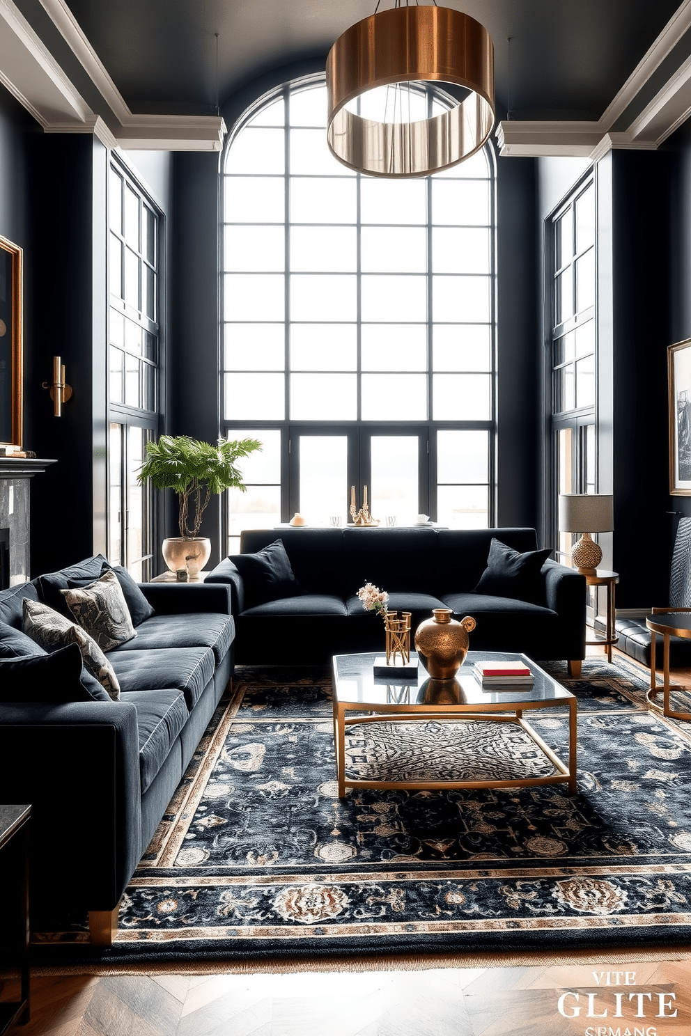 A luxurious family room featuring a striking black and brass color scheme. The walls are painted a deep matte black, creating a dramatic backdrop for elegant brass accents throughout the space. A plush black velvet sectional sofa is positioned in the center, complemented by a brass coffee table with intricate detailing. Large windows allow natural light to flood the room, highlighting the rich textures of the area rug and the sleek brass light fixtures overhead.