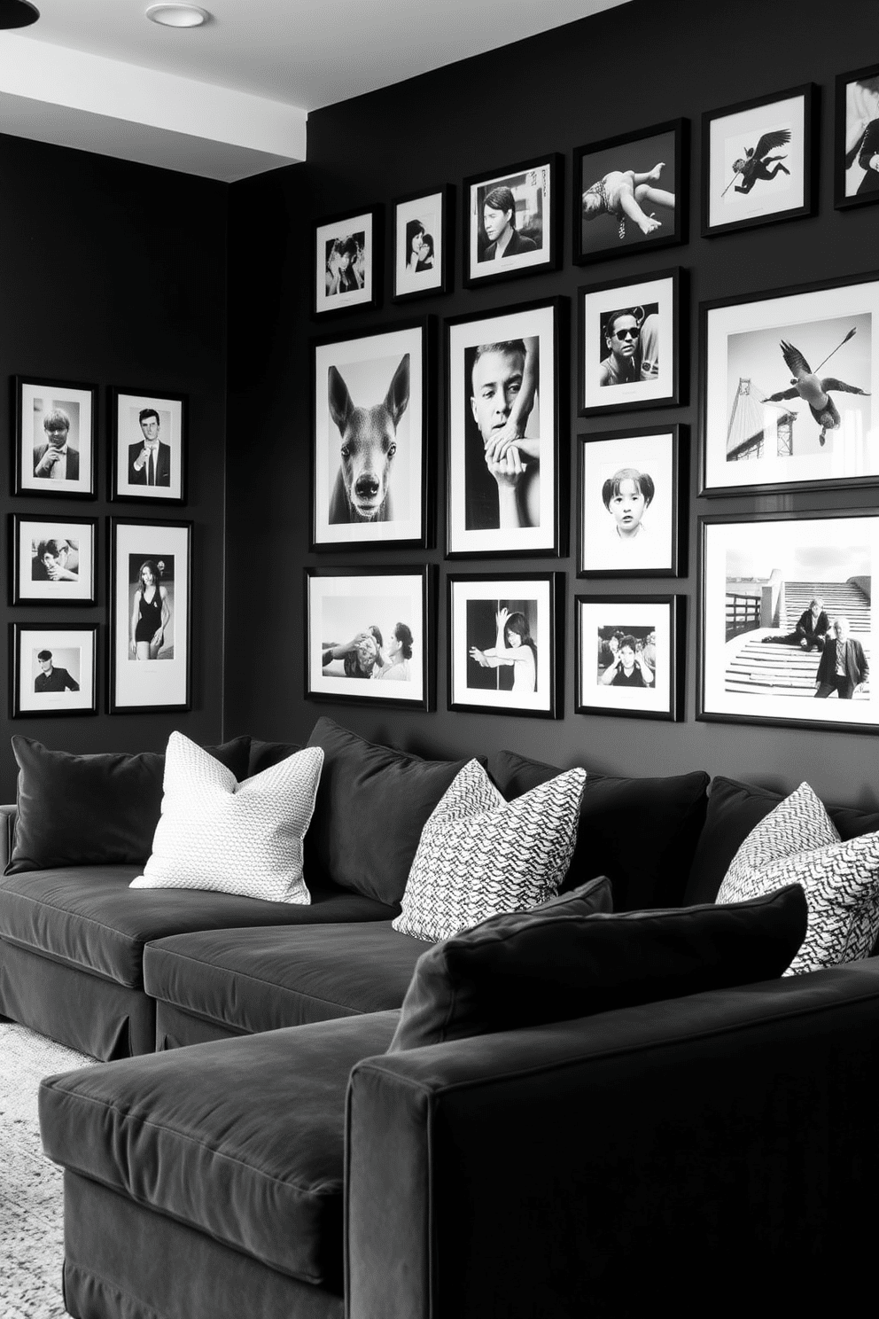 A striking monochrome gallery wall features an array of black frames showcasing various black-and-white artwork and photographs. The wall serves as a dramatic focal point, enhancing the overall aesthetic of the family room. The family room is designed with a cozy yet modern vibe, featuring a plush sectional sofa in a deep gray hue. Soft, textured throw pillows in varying shades of black and white complement the seating arrangement, creating an inviting atmosphere.