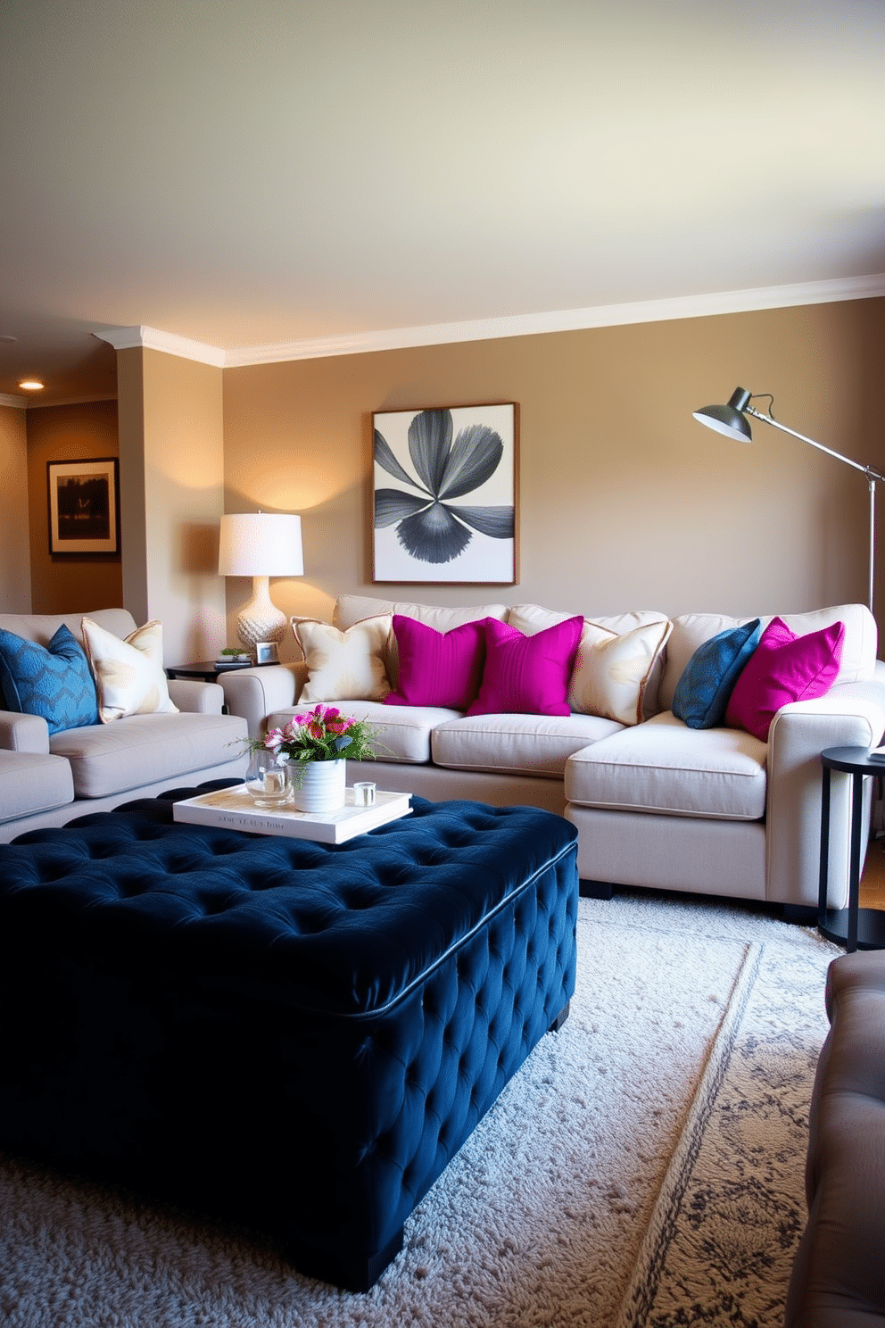 A stylish family room featuring a plush black ottoman that serves as both additional seating and a chic accent piece. The room is adorned with a cozy sectional sofa in neutral tones, complemented by vibrant throw pillows that add a pop of color. The walls are painted in a warm taupe, creating an inviting atmosphere, while a large area rug anchors the seating arrangement. Soft ambient lighting from sleek floor lamps enhances the room's comfort, making it perfect for family gatherings or movie nights.