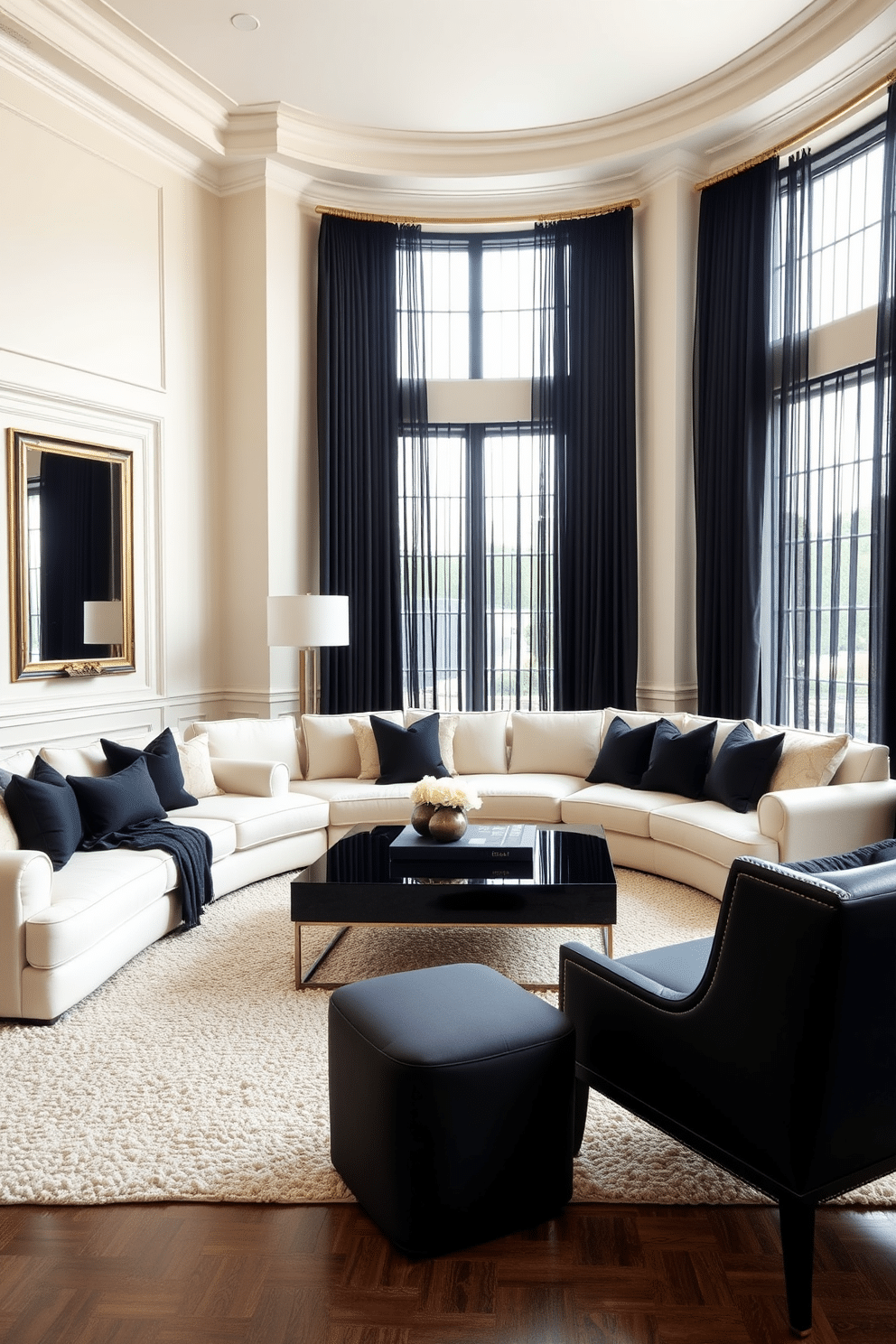 A luxurious family room featuring a black and cream color palette, with a plush cream sectional sofa adorned with black accent pillows. The walls are painted in a soft cream, while a sleek black coffee table sits atop a textured cream area rug, creating a striking contrast. In one corner, a stylish black armchair complements the seating area, and a modern floor lamp with a gold finish adds warmth. Large windows draped with sheer black curtains allow natural light to filter in, enhancing the room's elegant ambiance.