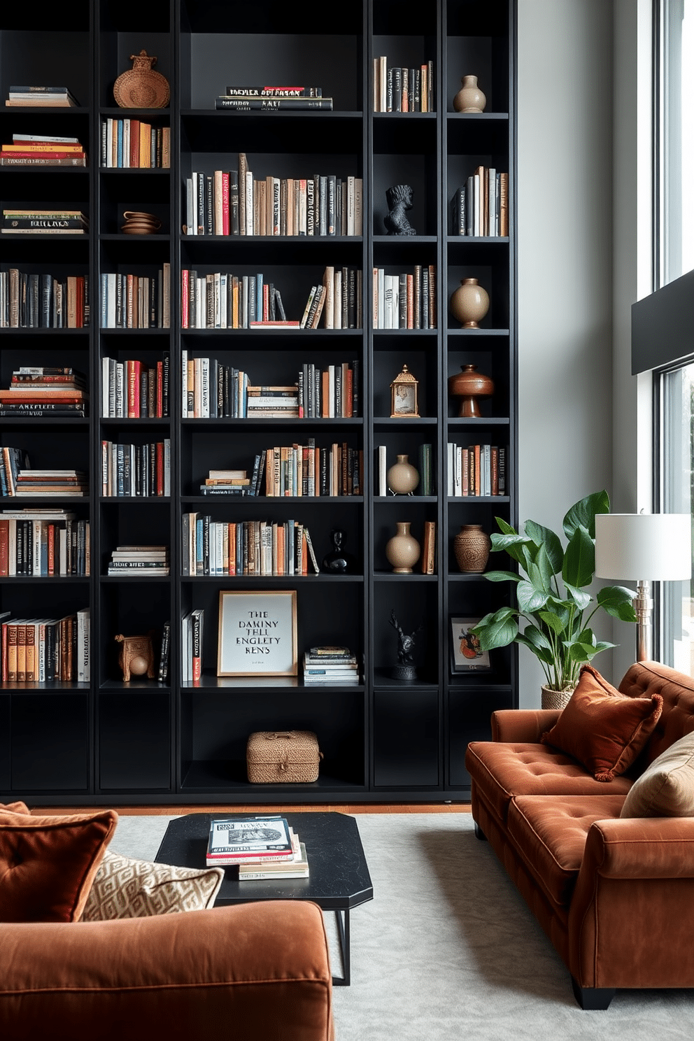 A modern family room featuring bold black shelving that elegantly displays an array of books and decorative items. The room is accented with plush seating in rich, warm tones, creating a cozy yet sophisticated atmosphere.