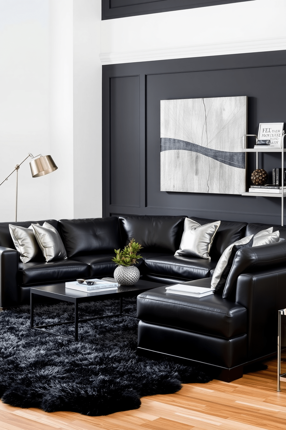 A sleek family room featuring a black leather sectional sofa paired with metallic accent pillows. The walls are adorned with dark gray paneling, and a large abstract metal artwork hangs above a minimalist black coffee table. In the corner, a stylish floor lamp with a brushed nickel finish illuminates the space. A plush area rug in shades of black and silver anchors the seating area, while decorative metallic shelves showcase curated art pieces and books.