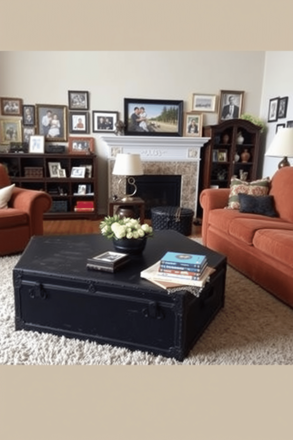 A vintage black trunk serves as a unique coffee table in a cozy family room, surrounded by plush, oversized sofas in warm earth tones. The walls are adorned with family photos in assorted frames, and a soft area rug anchors the seating arrangement, inviting relaxation and conversation.