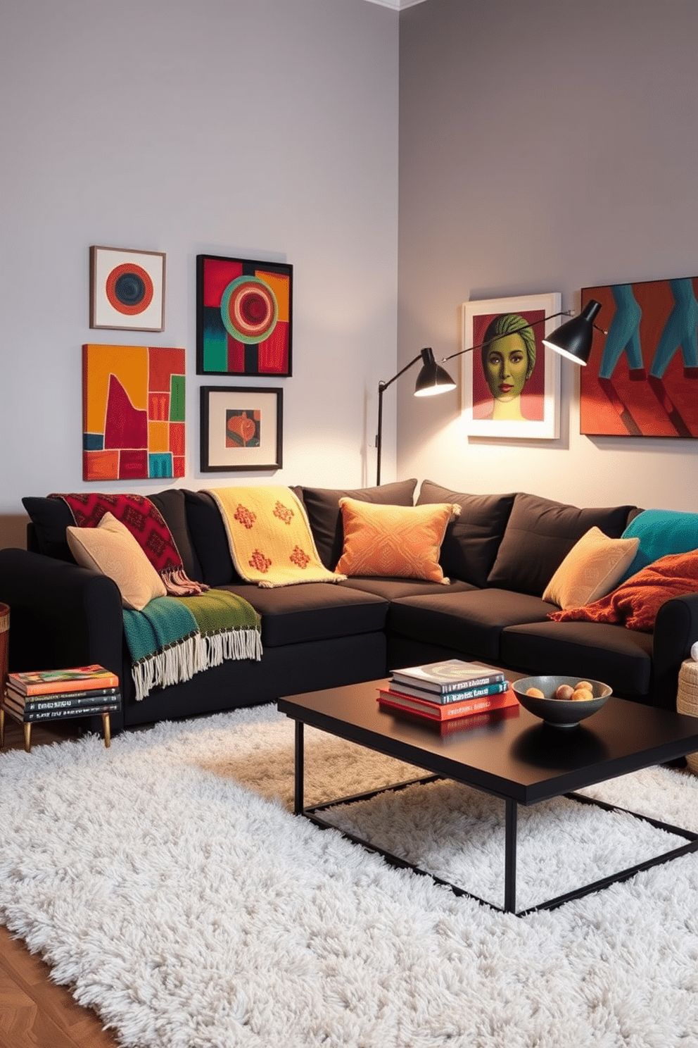 A stylish family room featuring a cozy black sectional sofa adorned with colorful throw blankets for warmth. The walls are painted in a soft gray, and the space is accented with vibrant art pieces that complement the rich hues of the blankets. In one corner, a sleek black coffee table holds a stack of colorful books and a decorative bowl. The room is illuminated by a modern floor lamp, casting a warm glow over the plush area rug beneath.