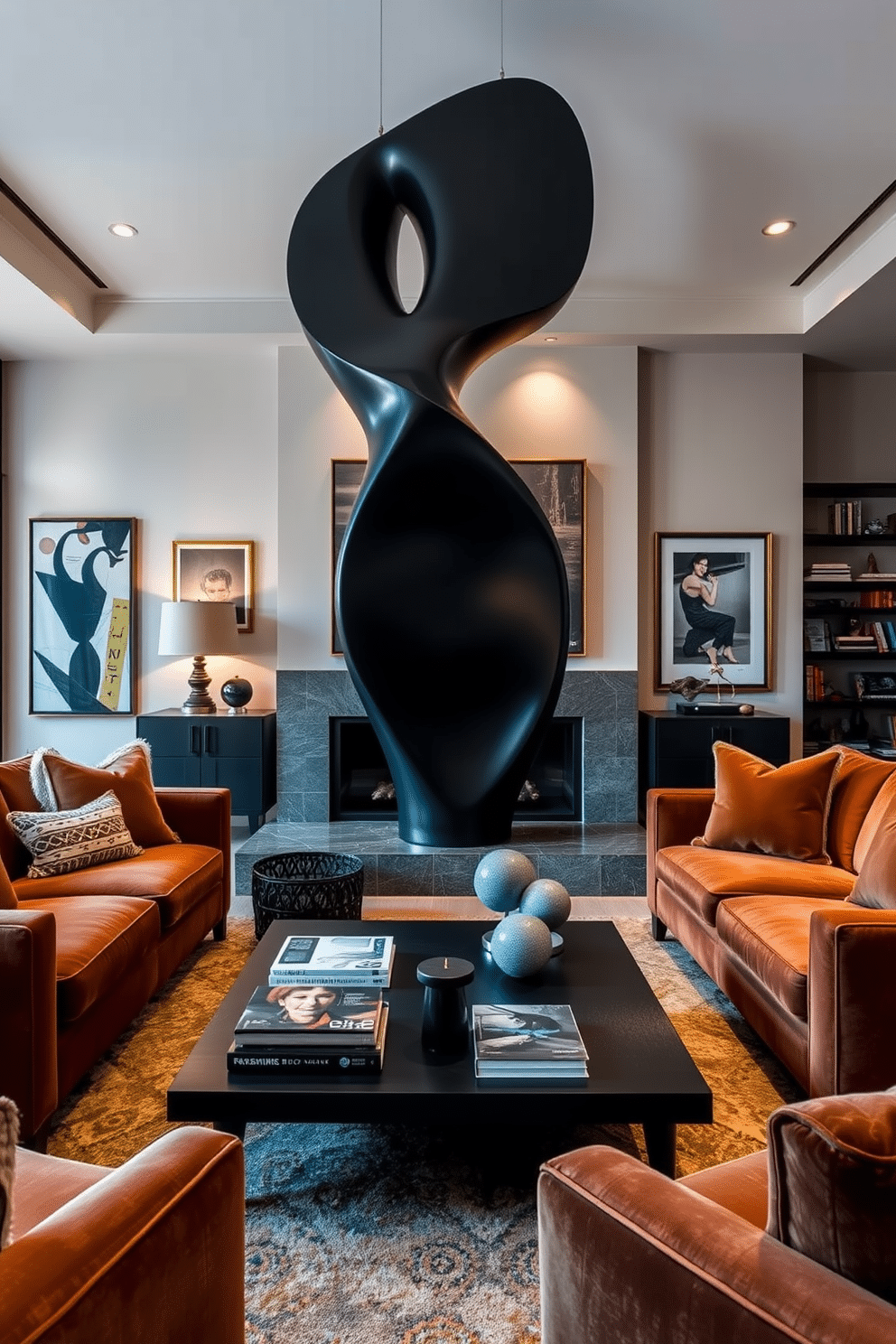 A striking black sculpture serves as the focal point of the family room, drawing attention with its bold, contemporary design. Surrounding the sculpture, plush seating in rich textures creates a warm and inviting atmosphere, complemented by soft, ambient lighting. The walls are adorned with a mix of abstract art and family photos, adding a personal touch to the space. A sleek coffee table sits in the center, featuring a curated selection of art books and decorative objects that enhance the artistic vibe.