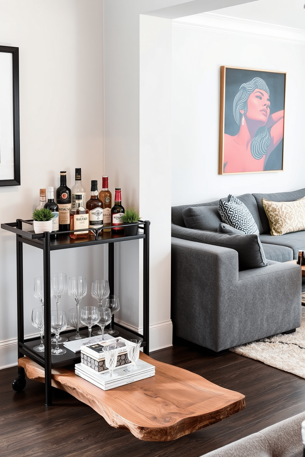 A stylish black bar cart is elegantly set up in a chic corner, adorned with an array of premium spirits and crystal glassware. The cart features sleek metal accents and is complemented by a small potted plant for a touch of greenery. In the family room, a cozy sectional sofa in a rich gray fabric invites relaxation, paired with a modern coffee table made of reclaimed wood. Bold artwork hangs on the walls, adding a splash of color and personality to the space.