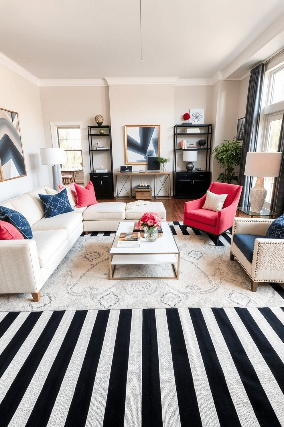 A chic family room featuring a bold black and white striped area rug that anchors the space. The room is adorned with a plush sectional sofa in a neutral tone, complemented by vibrant throw pillows that add pops of color. A contemporary coffee table sits at the center, surrounded by stylish accent chairs that enhance the inviting atmosphere. Large windows allow natural light to flood the room, highlighting the elegant artwork and decorative shelves that showcase personal touches.