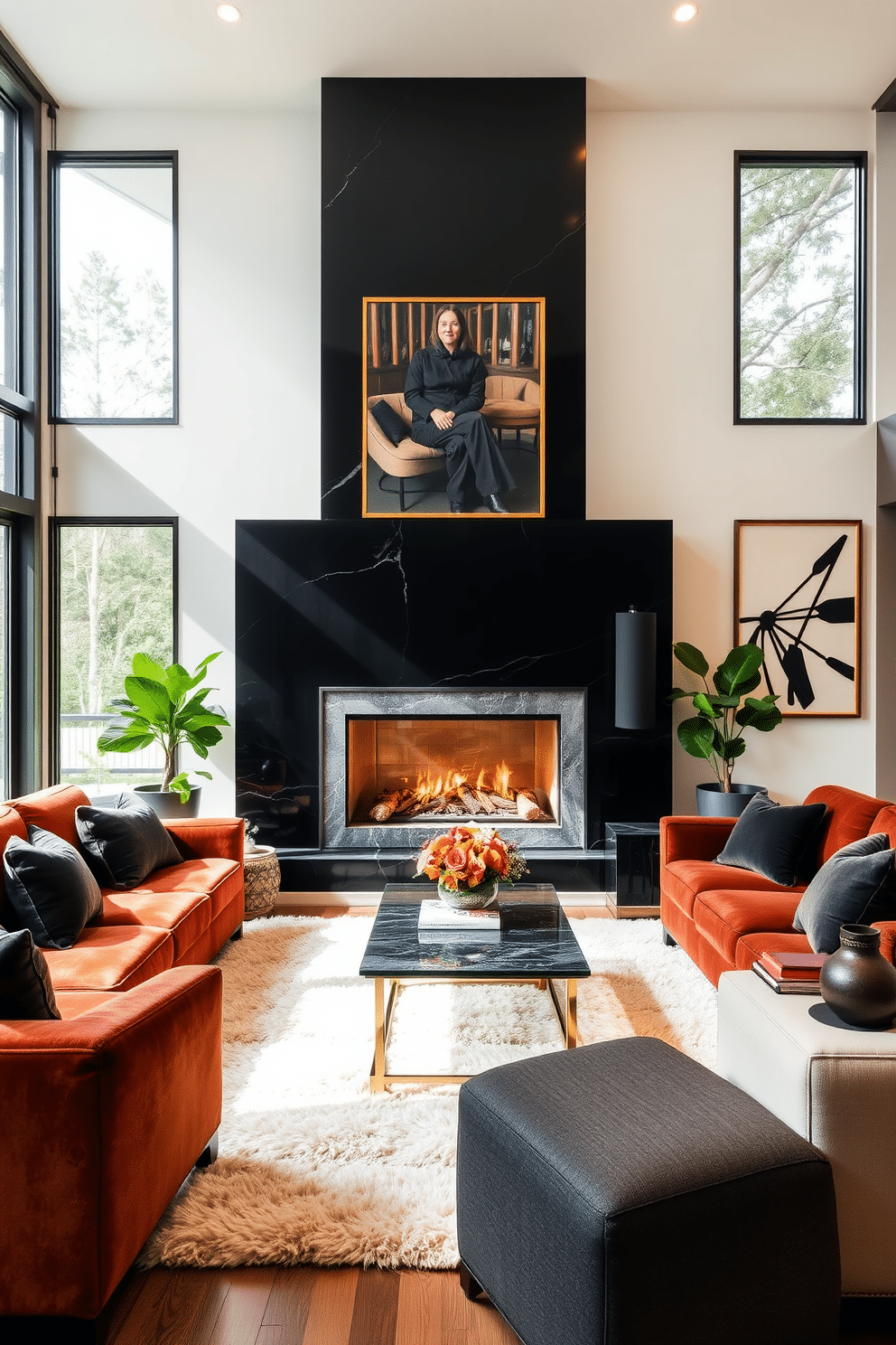 A striking black fireplace with a sleek marble surround serves as the focal point of the family room. The space is adorned with plush, contemporary furniture in rich tones, complemented by soft lighting that creates a warm and inviting atmosphere. Large windows allow natural light to flood the room, highlighting the elegant artwork displayed on the walls. A cozy area rug anchors the seating arrangement, providing comfort and style while enhancing the overall aesthetic of the space.