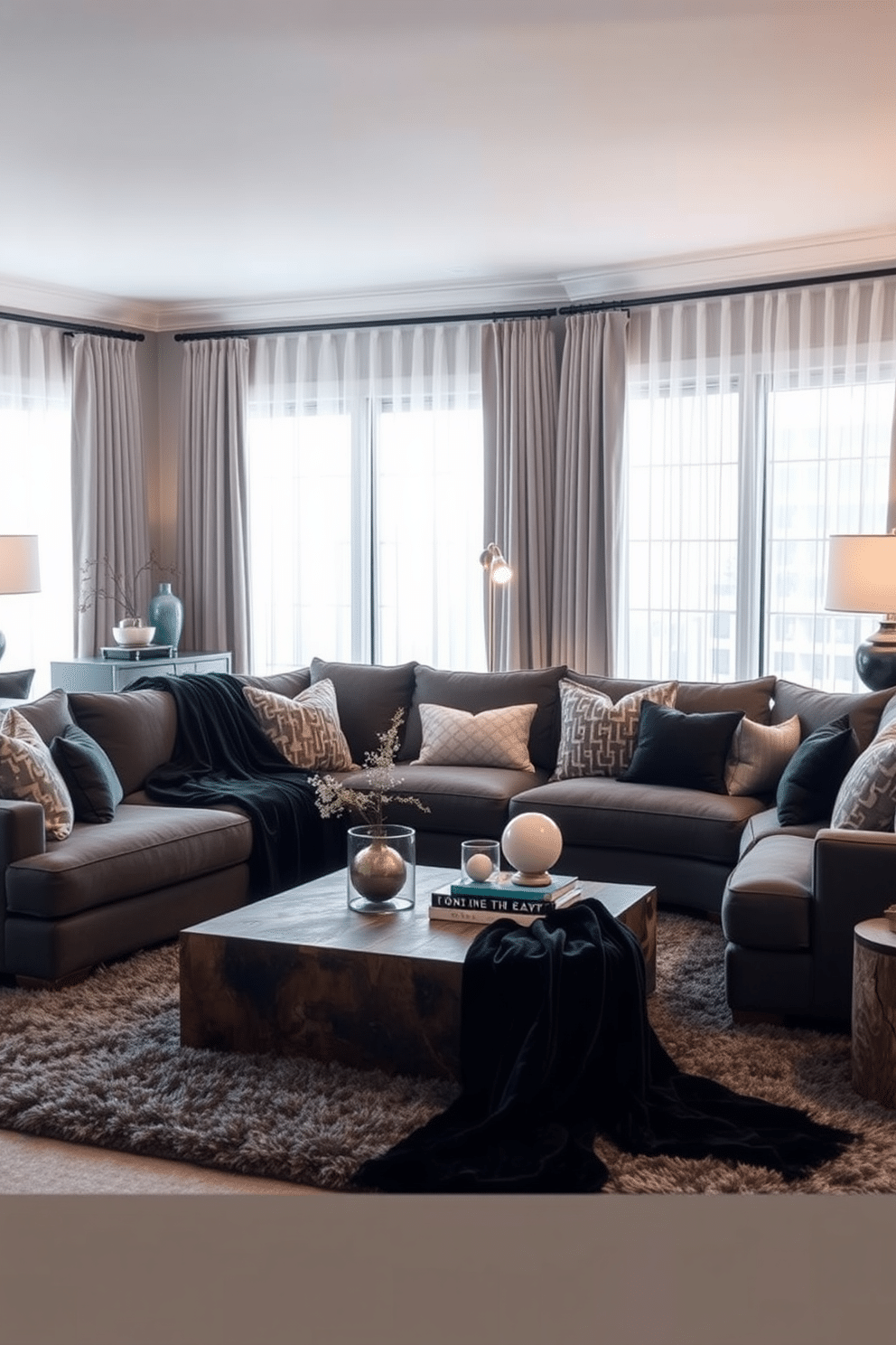 A luxurious family room featuring layered textures, with plush black velvet throws draped over a deep gray sectional sofa. The space is accented by a sleek coffee table made of reclaimed wood, surrounded by a mix of contemporary and vintage decor elements. Soft ambient lighting casts a warm glow, highlighting the rich textures of the room, including a plush area rug beneath the seating area. Large windows framed with sheer curtains allow natural light to filter in, creating an inviting and cozy atmosphere.