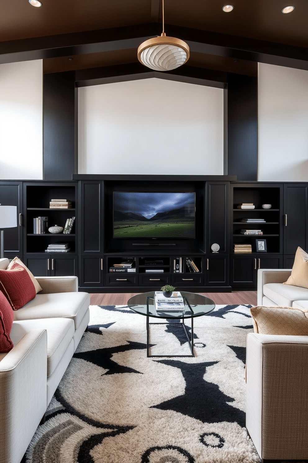 A sleek black entertainment unit is the focal point of the family room, featuring custom built-ins that provide ample storage for media and decorative items. The room is adorned with plush seating in neutral tones, complemented by a bold area rug that adds warmth and texture to the space.