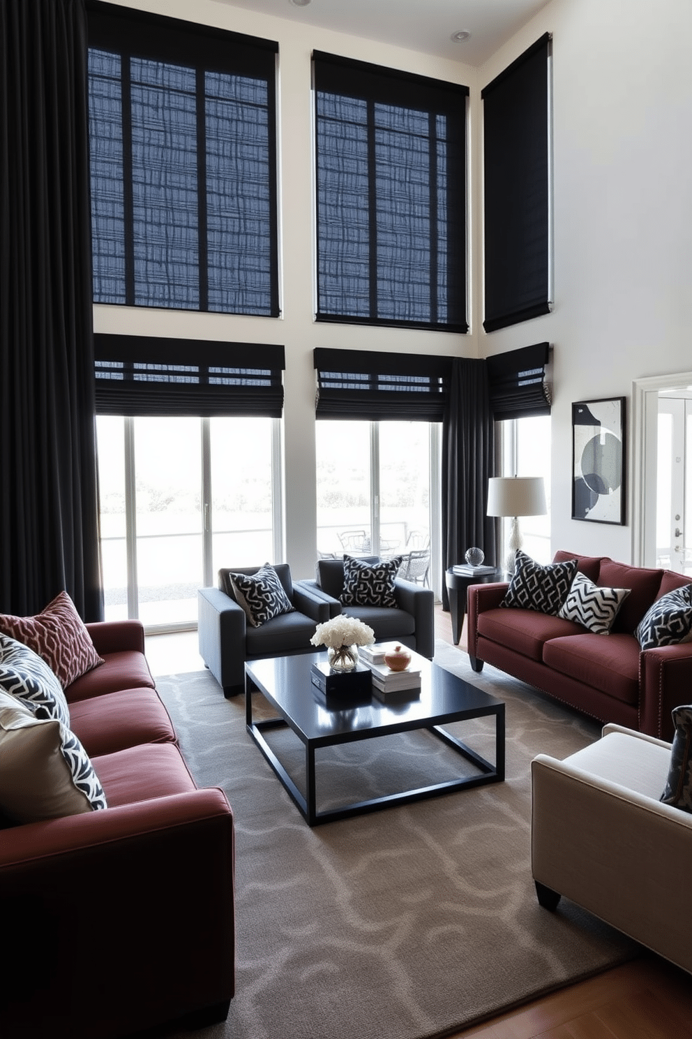 A striking family room featuring dramatic black window treatments that create a bold contrast against the light-colored walls. The space is adorned with plush seating in rich fabrics, complemented by a sleek coffee table at the center, enhancing the room's contemporary elegance. Incorporate a large area rug with geometric patterns to anchor the seating arrangement, while stylish accent pillows add a pop of color. Floor-to-ceiling windows allow natural light to flood the room, showcasing the beauty of the black window treatments and creating an inviting atmosphere.