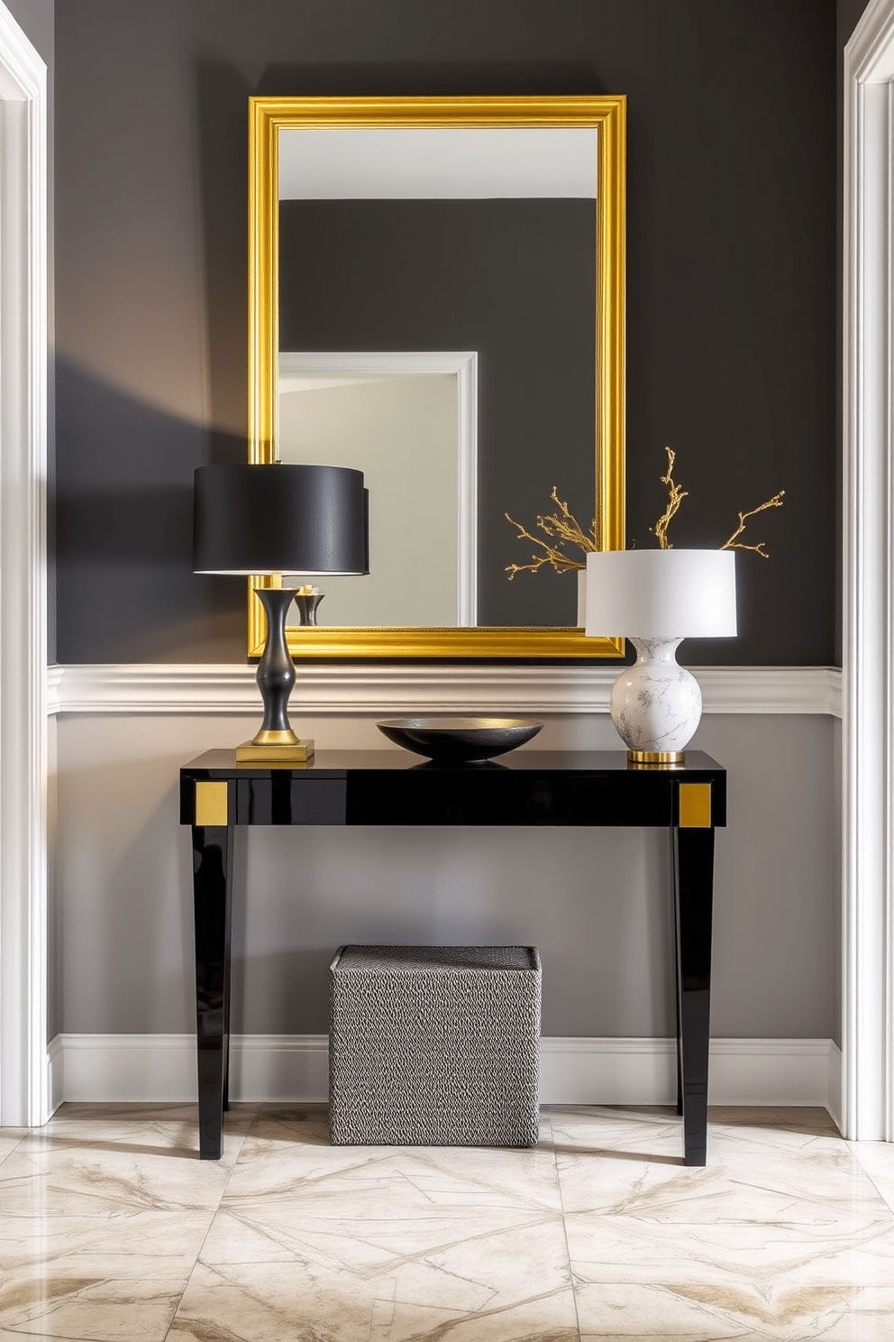 A sleek black console table with gold accents stands elegantly against the wall in the foyer. The table is adorned with a stylish lamp and a decorative bowl, creating an inviting focal point for guests. The foyer features a striking combination of black and gold elements, with a large mirror framed in gold above the console. Soft lighting highlights the rich textures of the space, enhancing the overall sophistication and warmth.