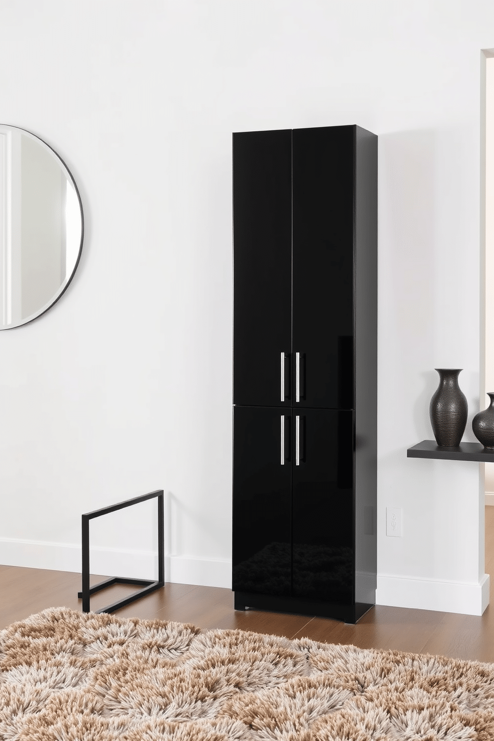 A contemporary black shoe cabinet with sleek doors stands prominently in the foyer. The cabinet features clean lines and a glossy finish, complemented by stylish metallic handles that add a touch of elegance. The foyer is adorned with a minimalist design, featuring a large round mirror above the shoe cabinet. Soft, ambient lighting illuminates the space, highlighting the rich textures of a plush area rug beneath a modern console table.