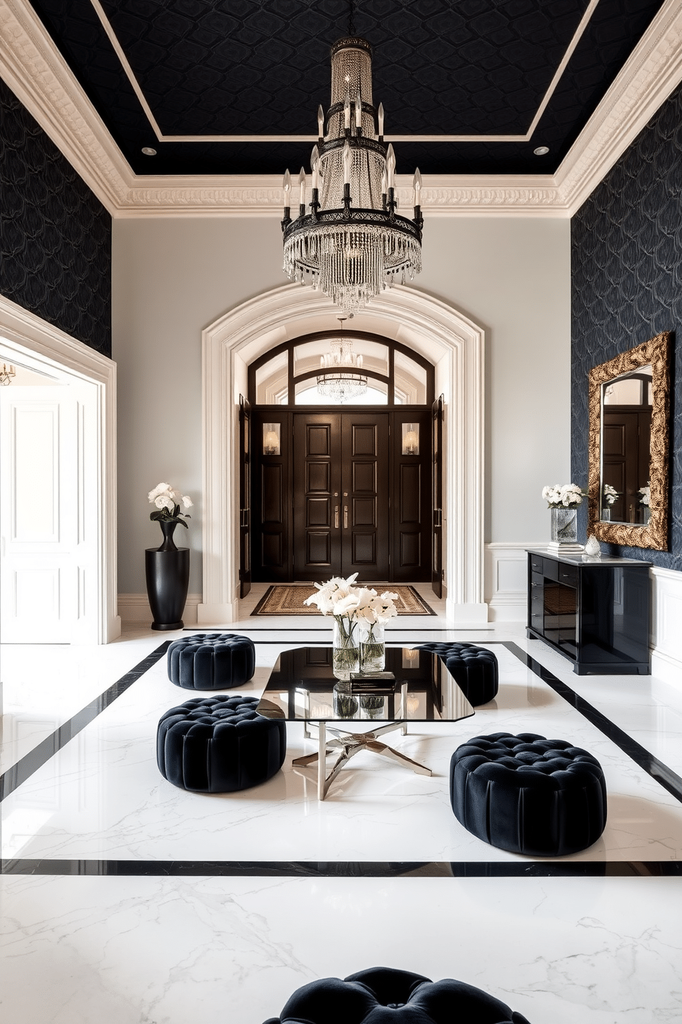 Luxurious black velvet poufs are strategically placed around a sleek glass coffee table in a modern foyer. The poufs add a touch of elegance, contrasting beautifully with a polished marble floor and a statement chandelier overhead. The foyer features a grand entrance with high ceilings, adorned with intricate molding and a bold, geometric wallpaper in deep tones. A large mirror with a decorative frame reflects the light, enhancing the space's sophistication and inviting warmth.