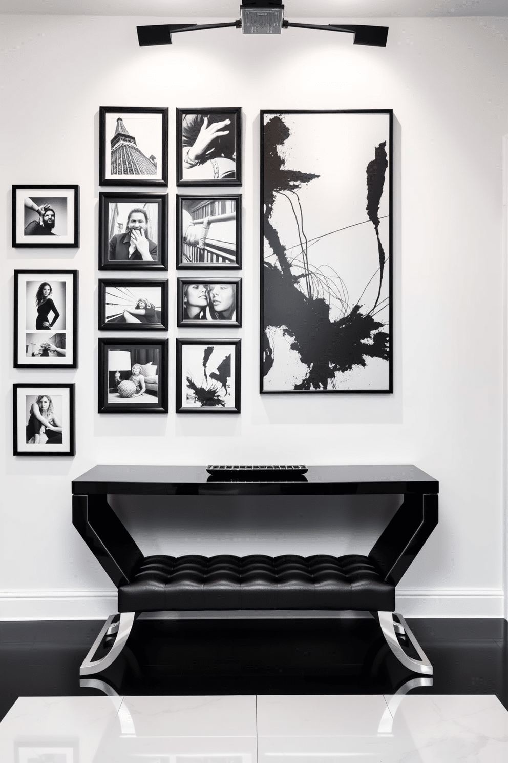 A striking black and white photo gallery wall showcases an array of framed photographs in various sizes, arranged in a dynamic yet cohesive layout. The frames are sleek and modern, creating a bold contrast against the white wall, while a minimalist bench beneath the gallery invites contemplation. The foyer features a dramatic black color scheme with an oversized black console table adorned with metallic accents. A large, abstract black and white artwork hangs above the table, complemented by stylish lighting fixtures that enhance the sophisticated ambiance.