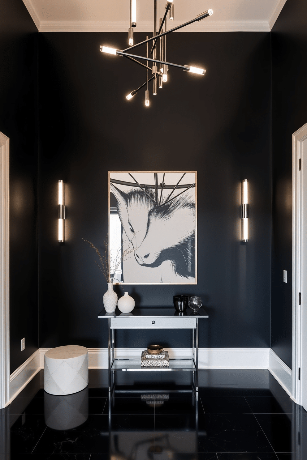 A striking foyer features a bold black accent wall, illuminated by sleek, modern lighting fixtures that create a dramatic atmosphere. The space is complemented by a minimalist console table adorned with decorative objects and a large, stylish mirror that reflects the elegance of the design.