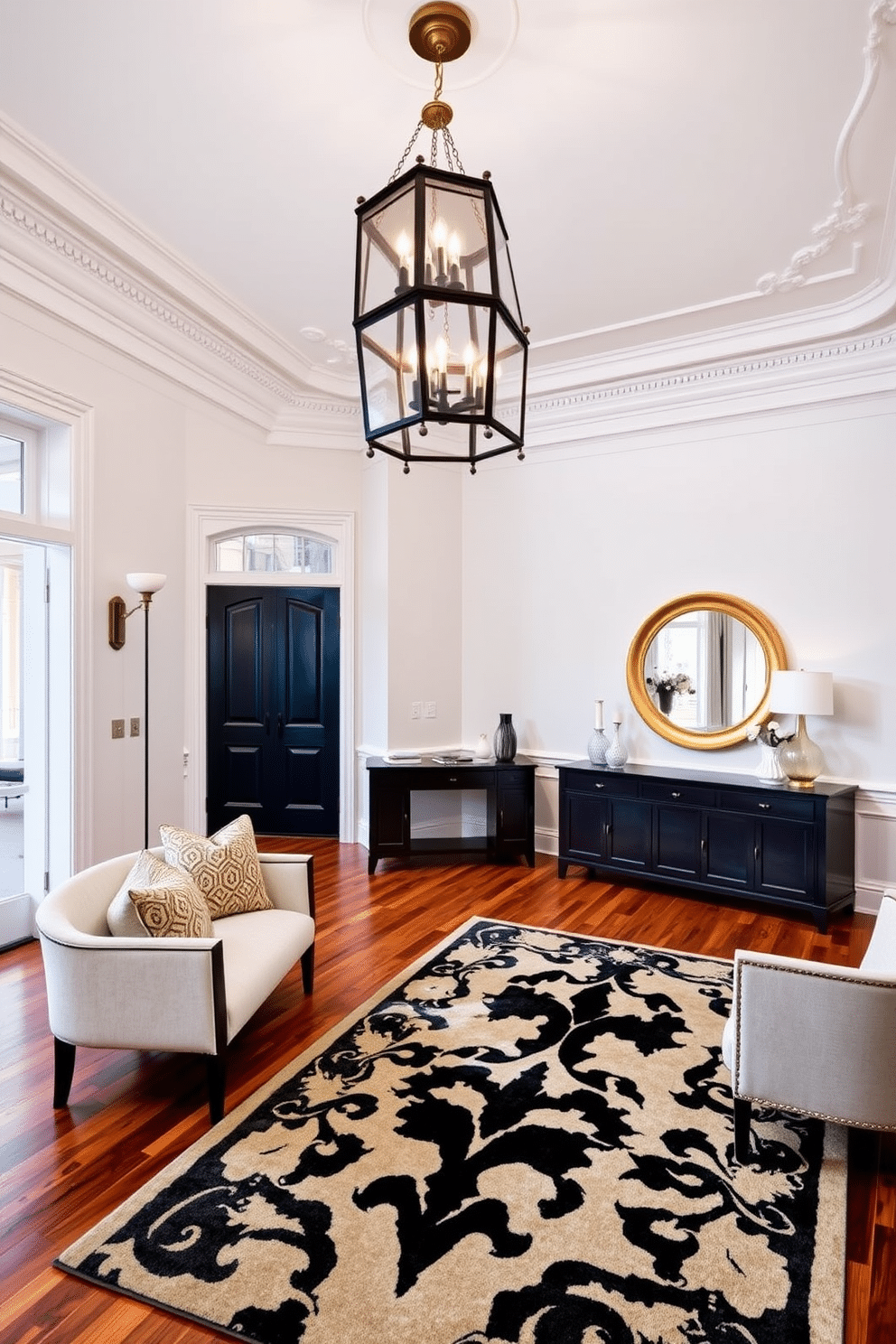 Classic black and gold lanterns cast a warm glow in a grand foyer, enhancing the elegance of the space. The lanterns are suspended from a high ceiling, complementing the rich hardwood flooring and the intricate crown molding. The foyer features a striking console table in dark wood, adorned with a large round mirror framed in gold. Plush seating is arranged nearby, with a bold area rug anchoring the space and adding a touch of luxury.