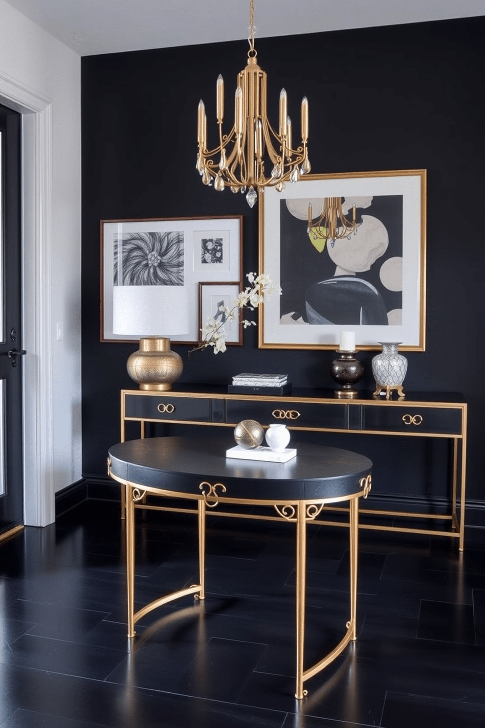 Elegant black and gold side table. The side table features a sleek black surface with intricate gold accents, standing on slender gold legs that add a touch of sophistication. Black foyer design ideas. The foyer showcases a bold black accent wall adorned with modern art, complemented by a stylish console table topped with decorative objects and a statement mirror.