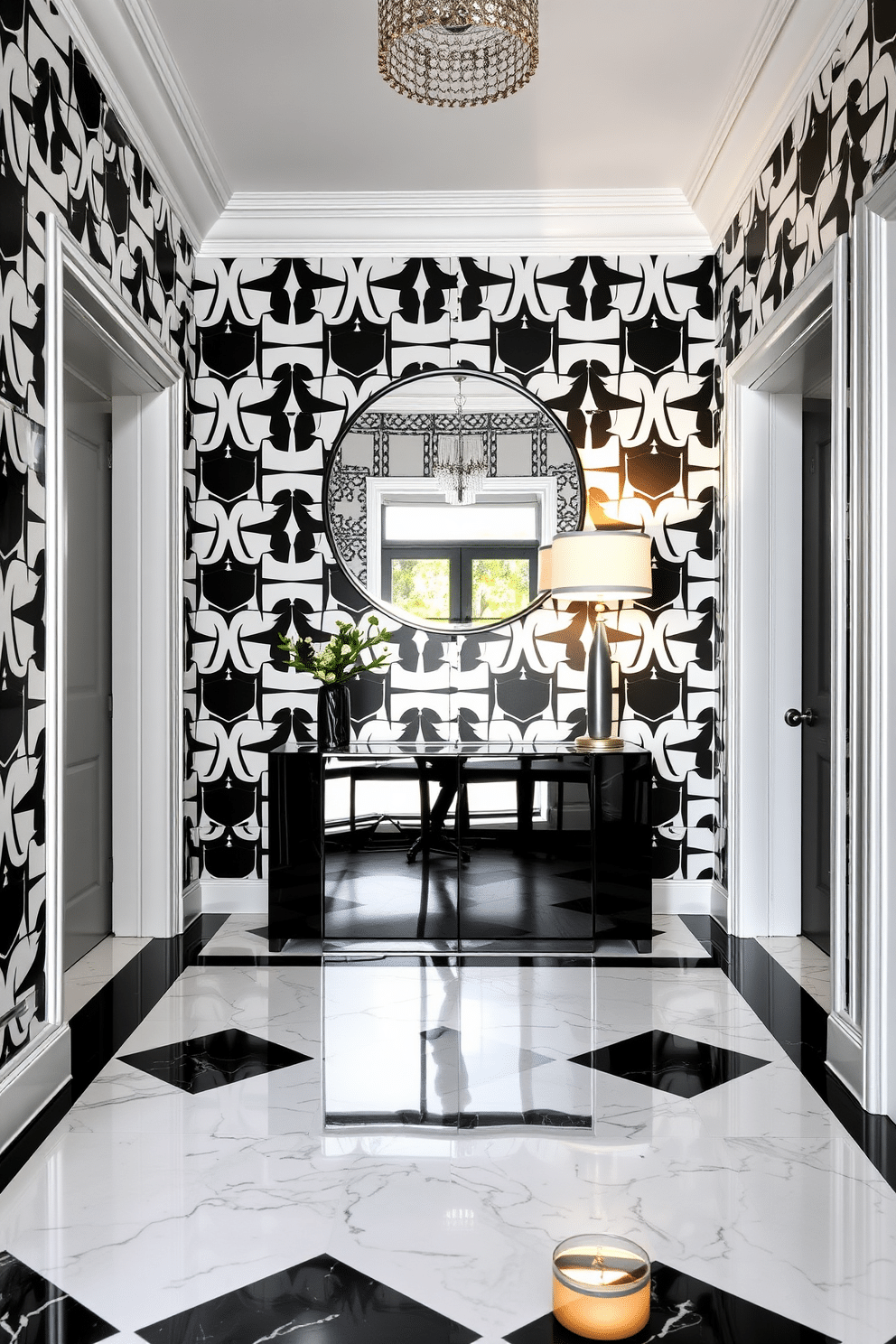 A striking foyer adorned with sophisticated black and white geometric wallpaper that creates a bold visual impact. The floor is polished marble, featuring a classic black and white checkerboard pattern that complements the wallpaper design. In the center of the foyer, a sleek console table with a high-gloss finish stands against the wall. Above the table, an oversized round mirror with a thin black frame reflects the elegant space, while a stylish lamp adds a touch of warmth.