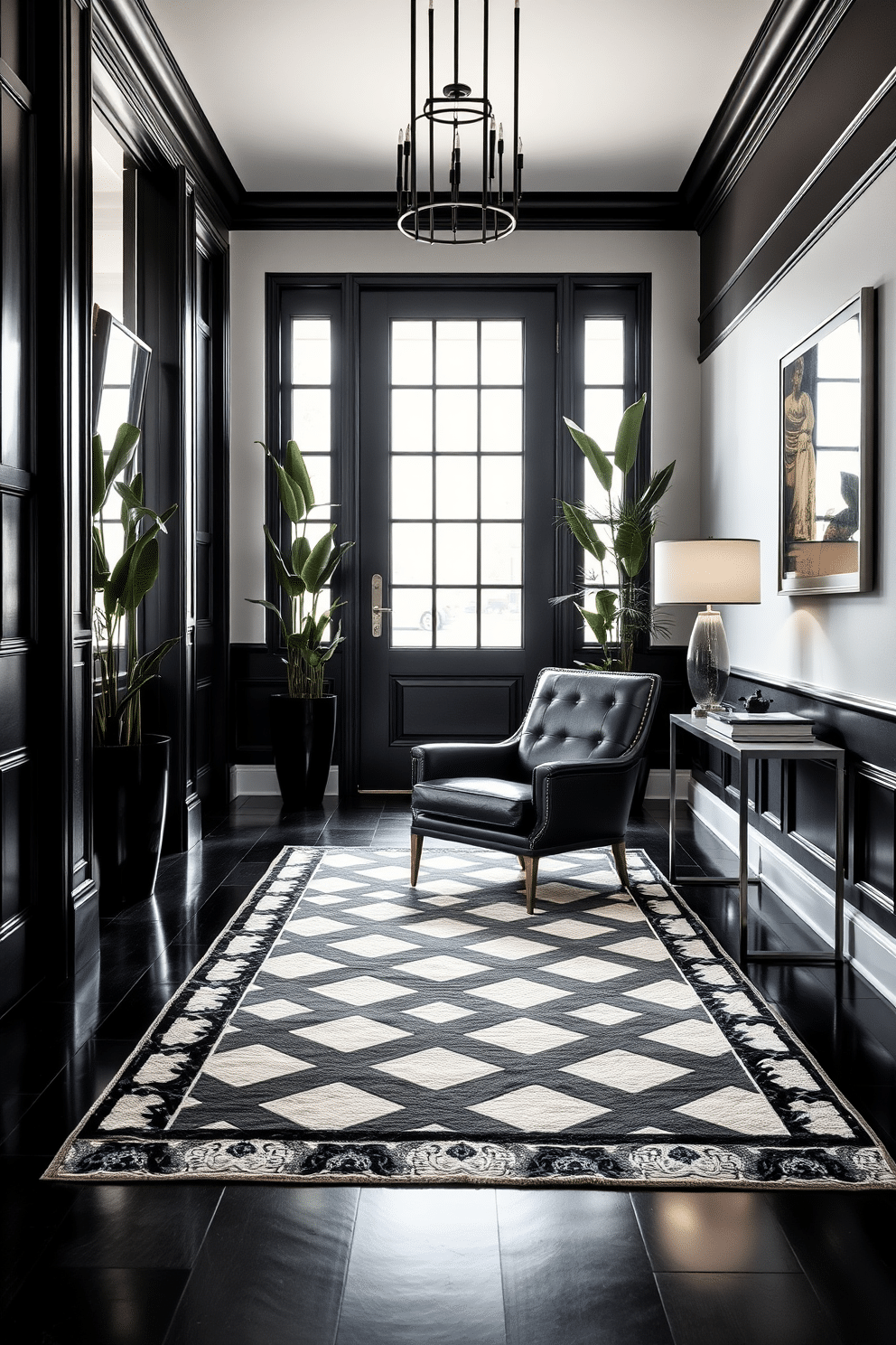 A timeless black leather armchair is positioned in a spacious foyer, exuding elegance and comfort. The armchair is complemented by a sleek, minimalist side table, adorned with a stylish lamp and a decorative book. The foyer features a striking black and white color scheme, with a geometric patterned rug anchoring the space. Tall potted plants flanking the entrance add a touch of greenery, enhancing the inviting atmosphere.