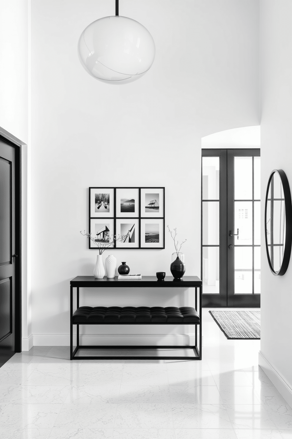 A minimalist black and white art display features a series of framed monochromatic prints arranged in a grid on a white wall. Below the artwork, a sleek black console table holds a few curated decorative objects, creating a balanced and harmonious visual appeal. The foyer design showcases a striking contrast between black and white elements, with a bold black front door framed by white walls. A modern bench in black leather sits against one side, while a large round mirror with a black frame adds depth and elegance to the space.