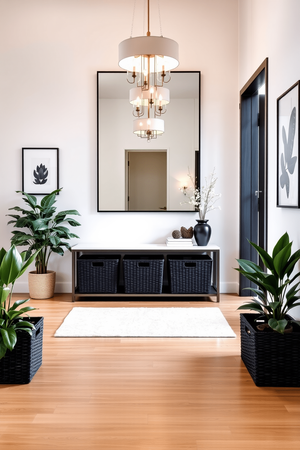 A modern foyer featuring stylish black storage baskets neatly arranged along a sleek console table. The walls are adorned with minimalist artwork, and a large mirror reflects the warm light from a contemporary chandelier above. The floor is finished with polished hardwood, complemented by a soft area rug in neutral tones. Potted plants in the corners add a touch of greenery, enhancing the inviting atmosphere of the space.