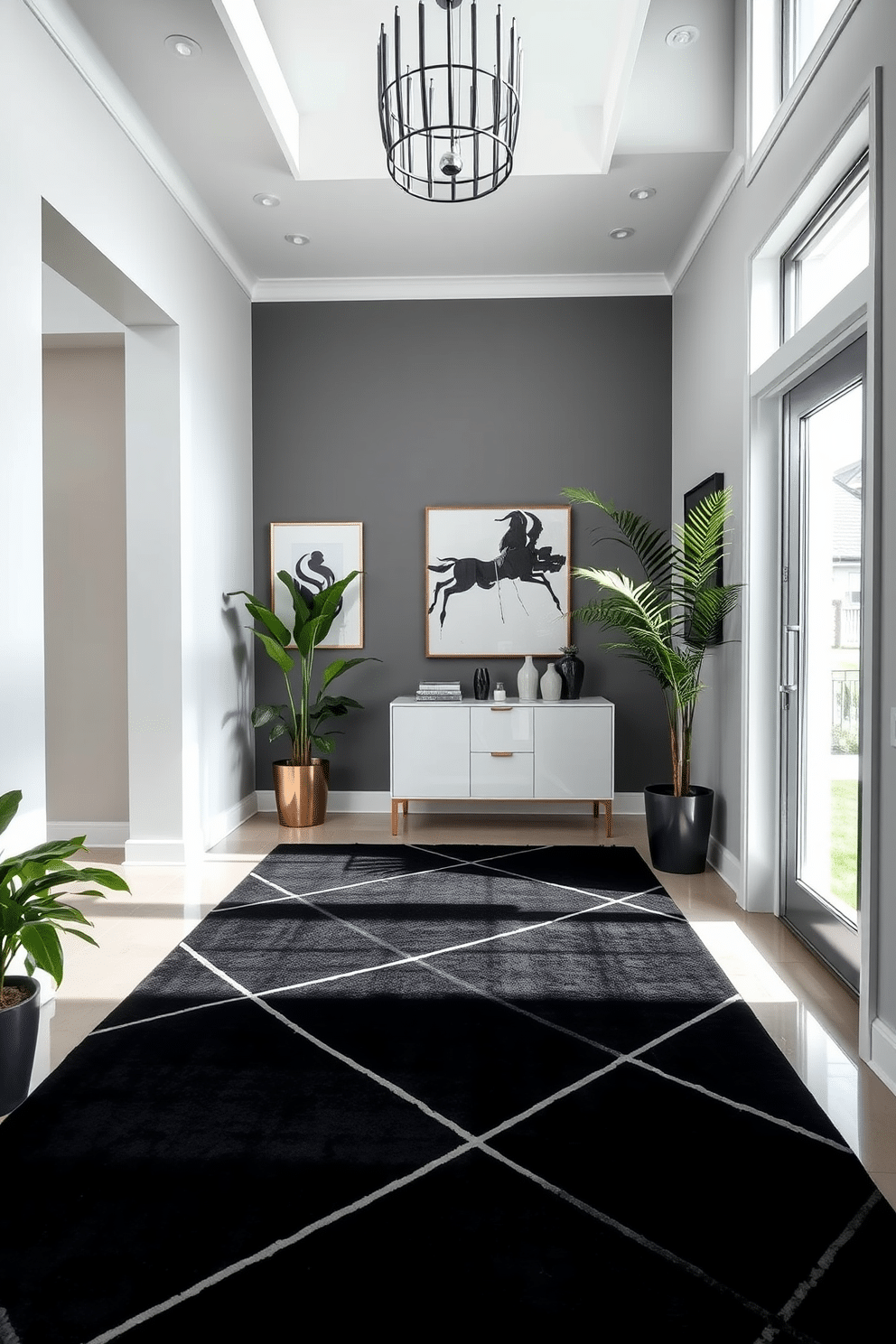 A striking foyer showcases a black geometric rug that adds a stylish contrast to the space. The walls are adorned with elegant artwork, and a sleek console table rests against one side, topped with decorative accents. Natural light floods the area through a large window, enhancing the modern aesthetic. Potted plants in the corners bring a touch of greenery, complementing the sophisticated design.