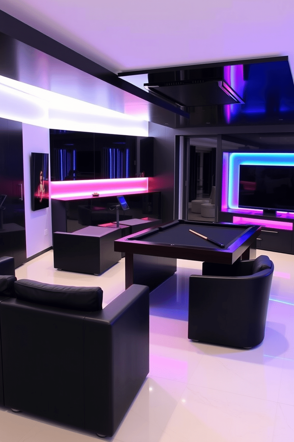 A sleek game room featuring modern black furniture with integrated LED accents that illuminate the space in vibrant colors. The room includes a stylish black pool table, complemented by minimalist seating and a large entertainment system mounted on the wall.