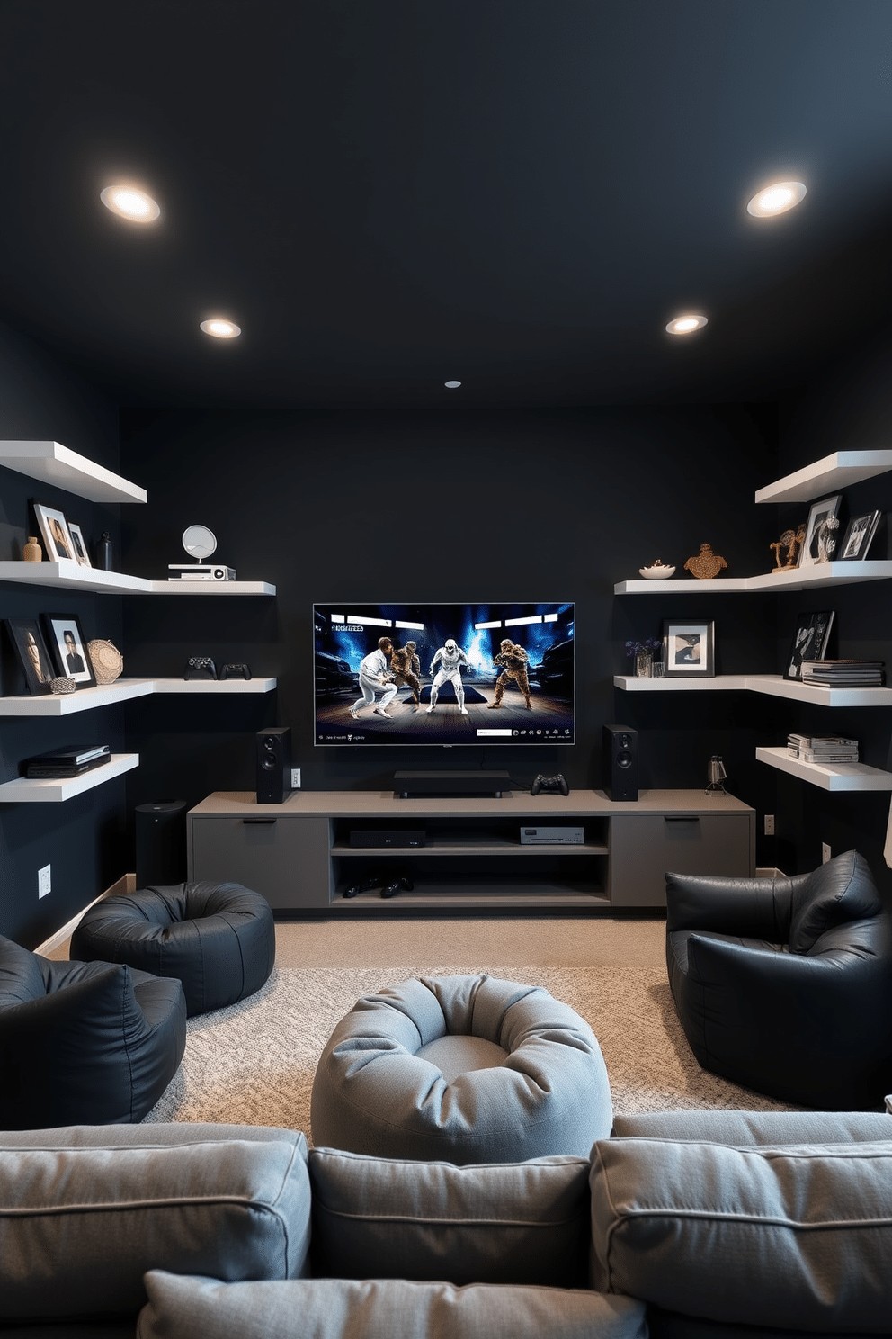 A sleek game room features floating shelves that create a clean and modern aesthetic, showcasing curated decor and gaming accessories. The walls are painted in a deep charcoal color, enhancing the room's cozy yet sophisticated atmosphere. The centerpiece is a stylish gaming console setup with a large flat-screen TV mounted above a minimalist media unit. Comfortable seating options, like a plush sectional and bean bags, invite relaxation while enjoying gaming sessions with friends.