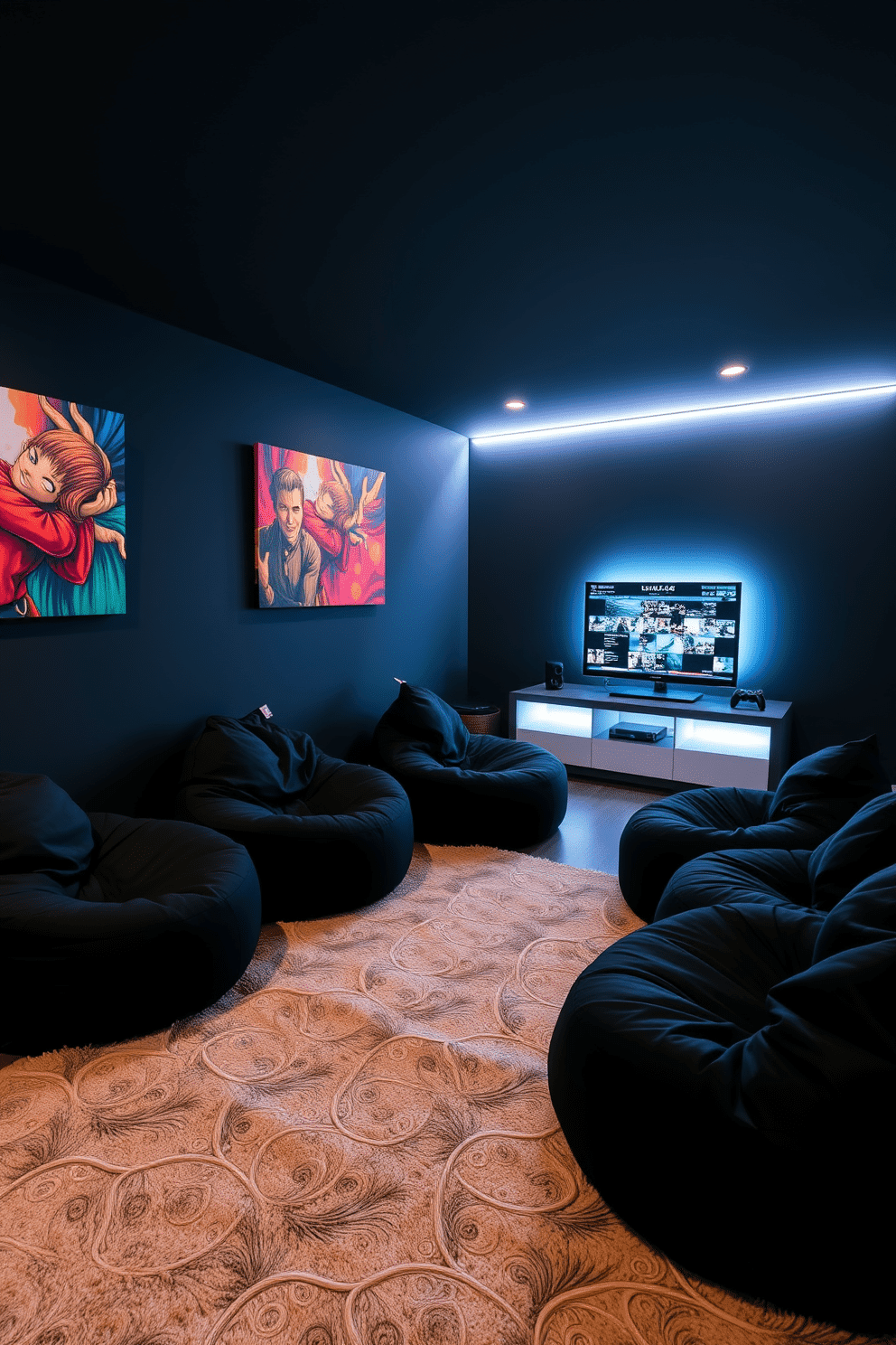 A stylish game room featuring black bean bags arranged for casual seating. The walls are painted a deep charcoal, and vibrant artwork adds a pop of color, creating an inviting atmosphere for relaxation and entertainment. In one corner, a sleek gaming console is set up on a modern media unit, complemented by LED strip lighting that enhances the mood. A plush, oversized rug anchors the space, providing comfort and a cozy feel for gatherings with friends.