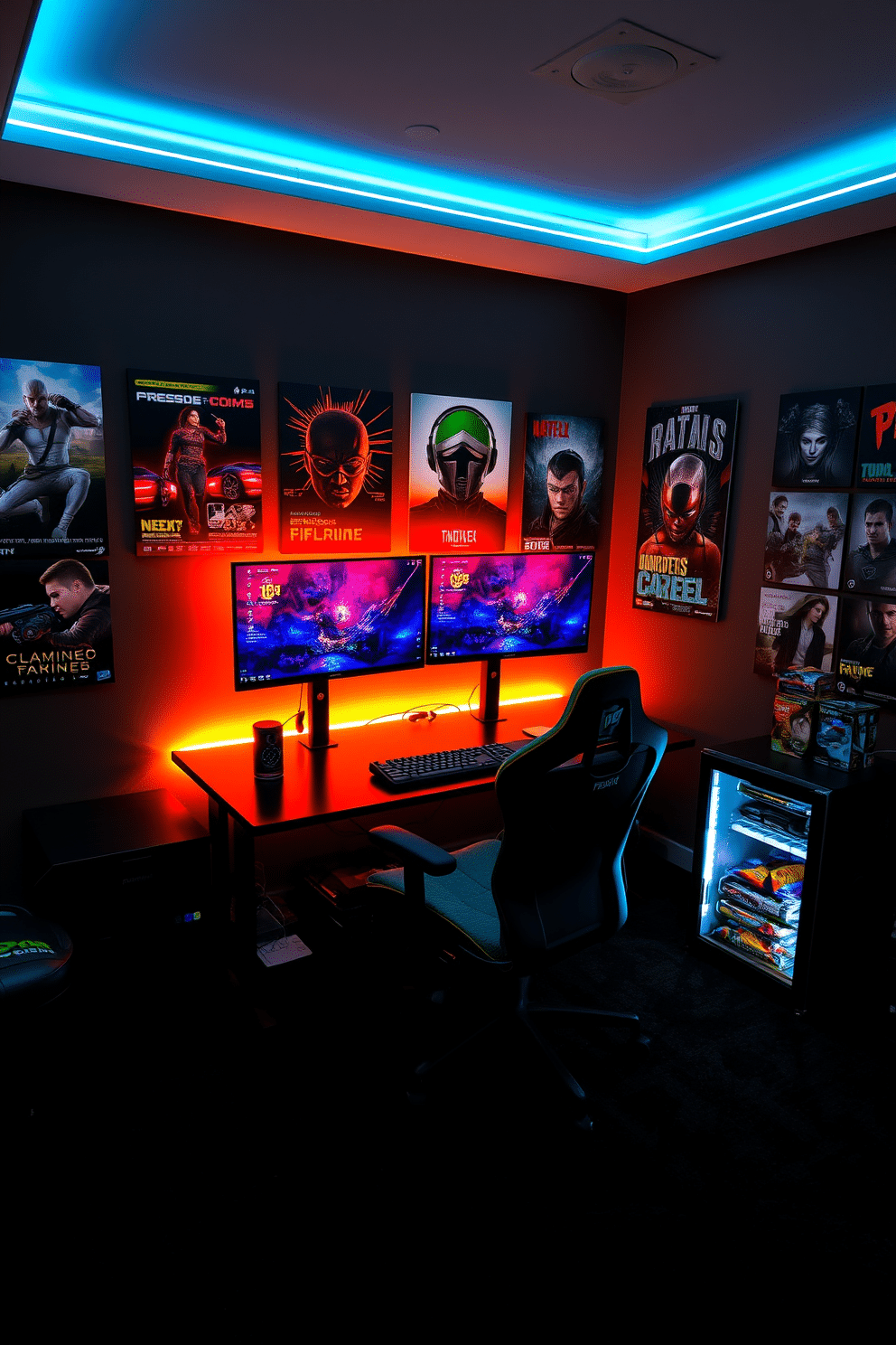 A custom gaming setup featuring dual monitors mounted on a sleek black gaming desk. The room is illuminated by LED strip lights, casting a vibrant glow on the walls adorned with gaming posters and memorabilia. The flooring is a plush black carpet, providing comfort during long gaming sessions. A comfortable gaming chair with ergonomic support complements the setup, while a mini-fridge stocked with snacks sits conveniently nearby.