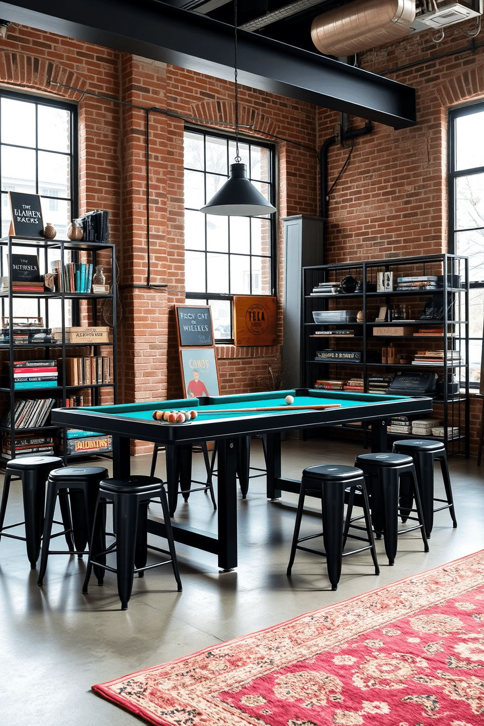 A stylish game room featuring industrial-style black metal furniture. The space includes a sleek black metal pool table surrounded by matching stools, with exposed brick walls and large windows letting in natural light. In one corner, a black metal shelving unit displays an array of board games and decorative items. The floor is polished concrete, and a large area rug adds warmth to the space, complementing the industrial aesthetic.