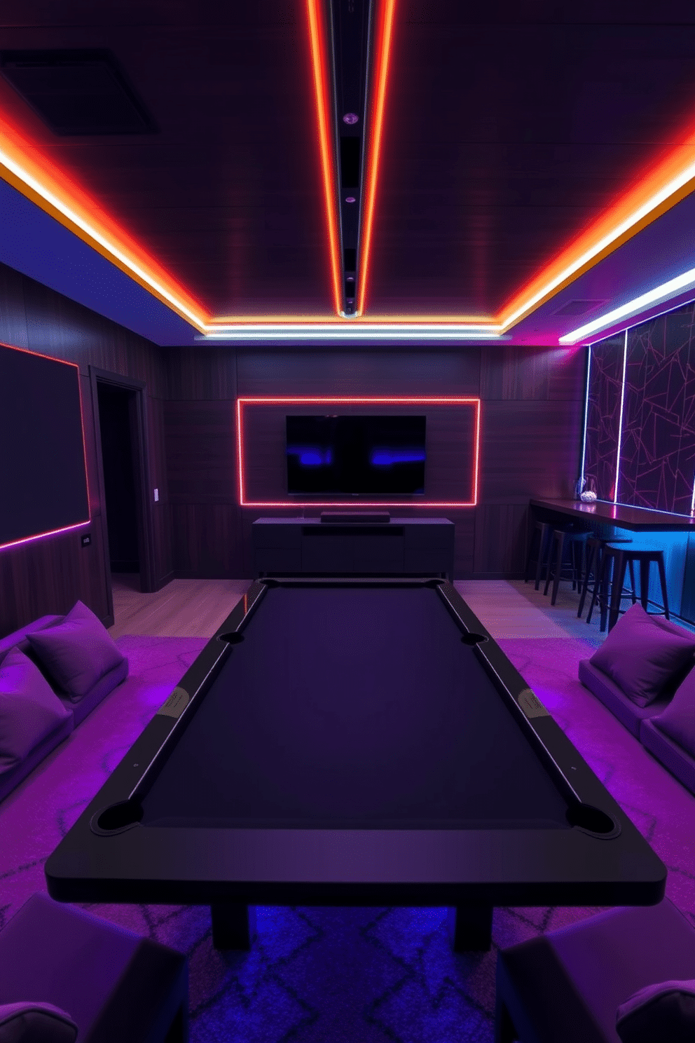 A modern game room featuring smart lighting that can be adjusted to create various moods. The room includes a sleek black pool table at the center, surrounded by plush seating and ambient LED strip lights that change colors based on the time of day. The walls are adorned with dark wood paneling, and a large flat-screen TV is mounted above a minimalist media console. A stylish bar area with high stools complements the space, while soundproofing panels ensure an immersive gaming experience.