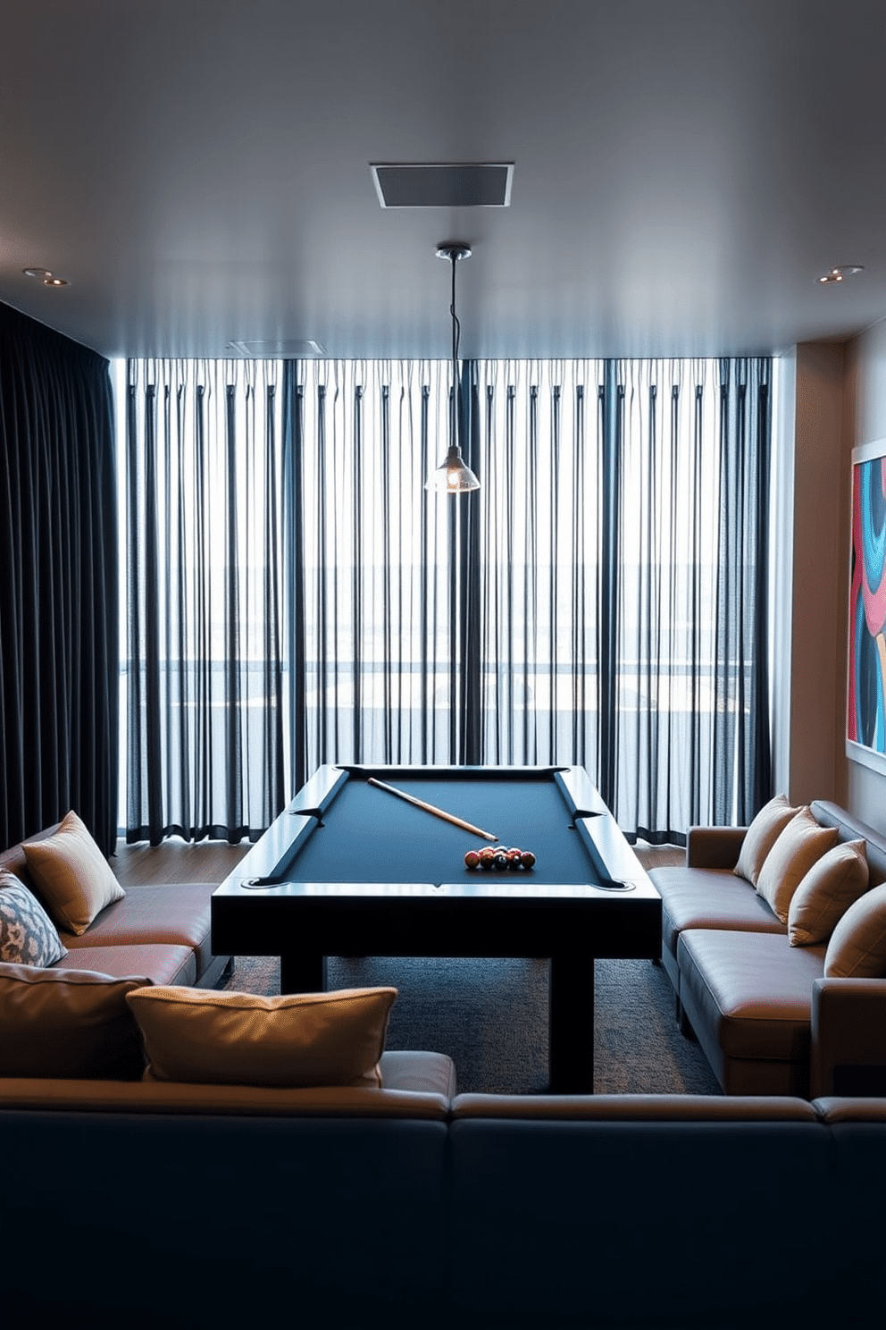 A stylish game room featuring black curtains that provide excellent light control, creating an inviting atmosphere for gaming sessions. The room includes a sleek pool table, comfortable seating options with plush cushions, and vibrant wall art that reflects a modern aesthetic.