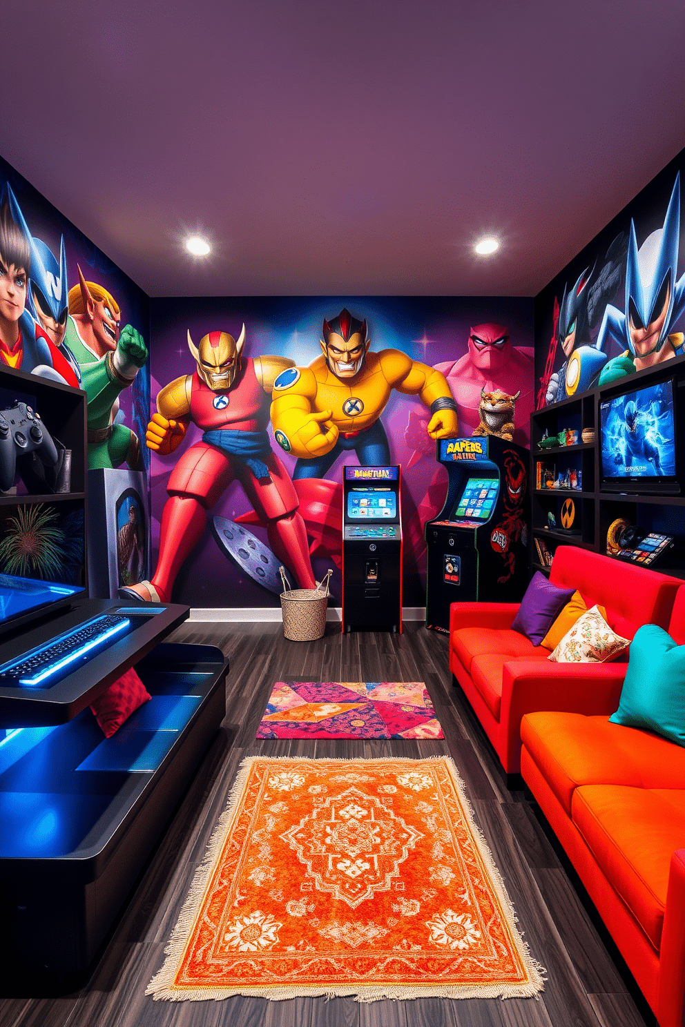 A vibrant game room inspired by favorite video games, featuring walls adorned with large-scale murals of iconic game characters. The room includes a sleek black gaming console setup with LED lighting, complemented by plush seating in bold colors that reflect the energy of the games. In one corner, a custom-built arcade cabinet stands proudly, surrounded by gaming memorabilia displayed on stylish shelves. The flooring is a dark laminate that enhances the modern aesthetic, while colorful throw pillows and rugs add comfort and style to the space.