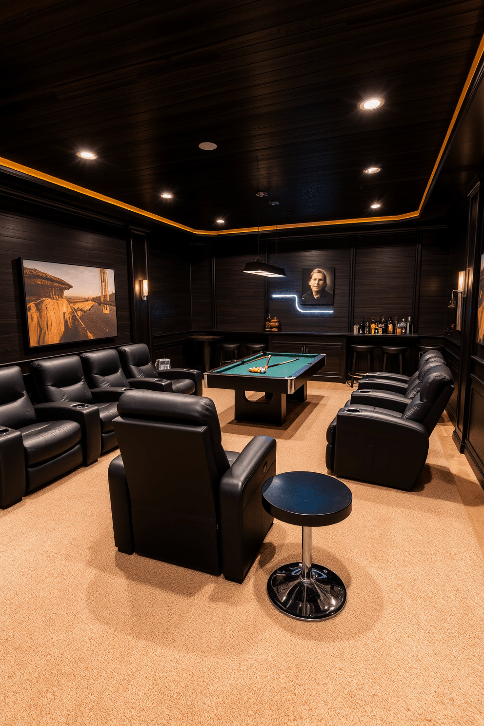 A stylish game room featuring black leather recliners arranged for optimal comfort. The walls are adorned with dark wood paneling, and the floor is covered with a plush, neutral carpet to enhance coziness. In the center, a sleek pool table serves as the focal point, surrounded by ambient lighting and modern artwork. A mini-bar with high stools complements the space, offering a perfect spot for refreshments during game nights.