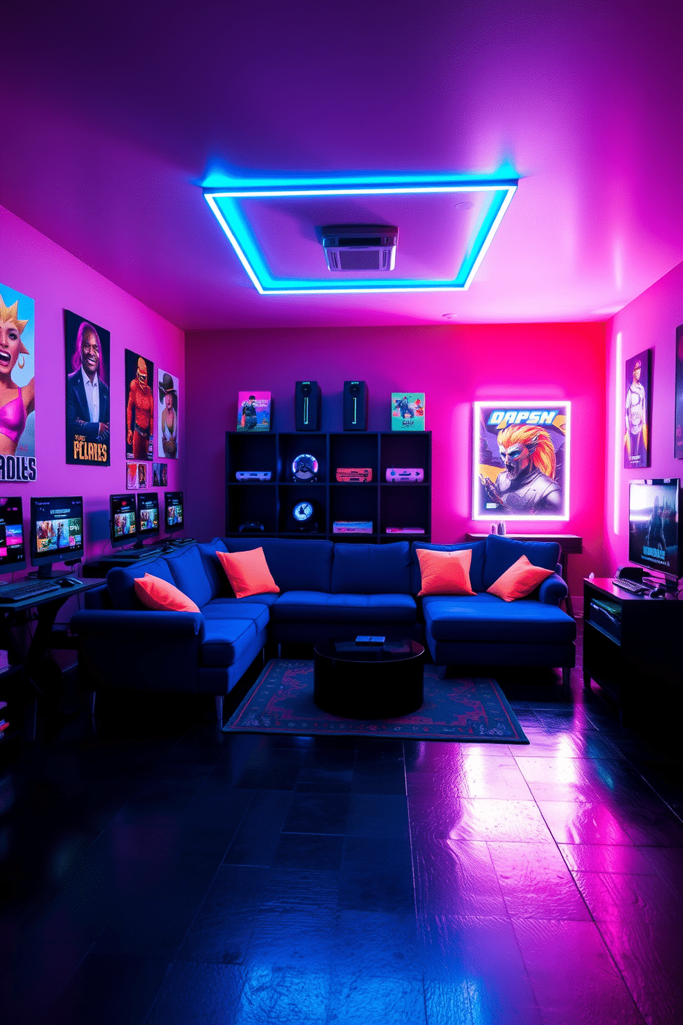 A dynamic game room featuring neon lighting that casts a colorful glow across the space. The walls are adorned with vibrant artwork and posters, while sleek gaming consoles are neatly organized on modern shelves. A plush sectional sofa in deep blue provides ample seating, accented by neon-colored throw pillows. The floor is a polished black, creating a striking contrast with the illuminated elements throughout the room.