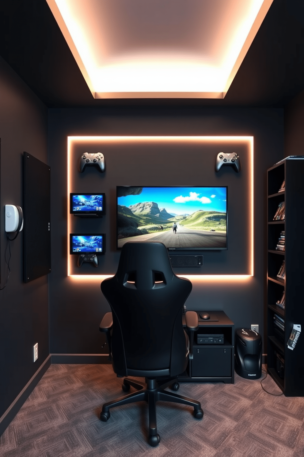 A modern gaming room featuring wall-mounted gaming consoles to maximize floor space. The walls are painted in a deep charcoal color, and LED strip lights create an immersive atmosphere around the gaming setup. The room includes a sleek black gaming chair positioned in front of a large screen, with soundproof panels adorning the walls for optimal acoustics. A minimalist black shelving unit displays game collections and accessories, enhancing the room's stylish yet functional design.