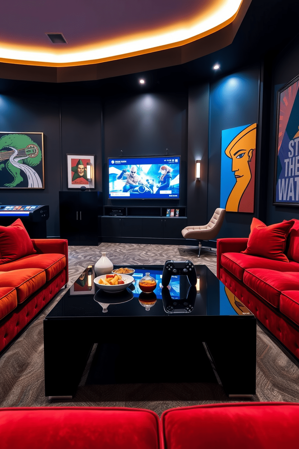 A compact black coffee table is positioned at the center of a stylish game room, surrounded by plush seating in rich colors. The table features sleek lines and a glossy finish, perfect for holding snacks and drinks during game nights. The game room is designed with an inviting atmosphere, featuring a large wall-mounted screen for gaming and entertainment. Bold artwork and ambient lighting enhance the room's playful yet sophisticated vibe, making it a perfect retreat for relaxation and fun.