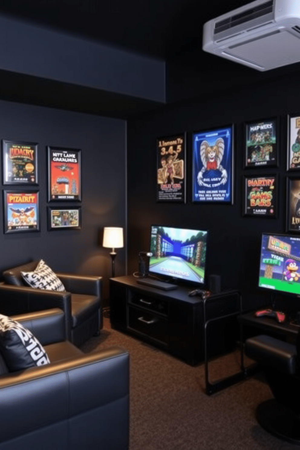 A stylish game room featuring framed posters of classic games adorns the walls, creating a nostalgic atmosphere. The space is designed with a sleek black color palette, complemented by comfortable seating and modern gaming consoles.