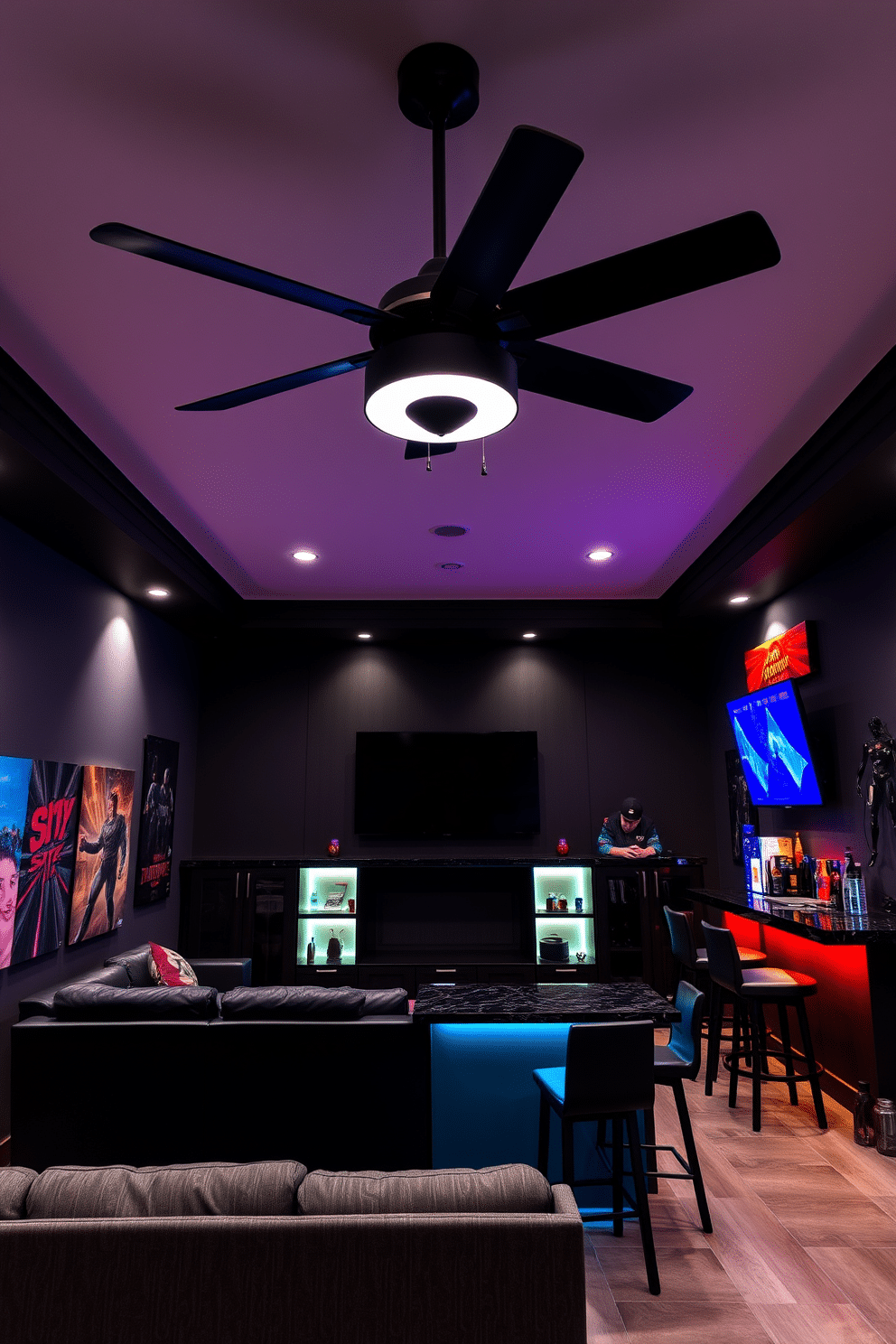 A stylish game room featuring a sleek black ceiling fan for optimal air circulation. The space is designed with a modern aesthetic, incorporating plush seating and a large flat-screen TV for an immersive gaming experience. The walls are adorned with vibrant artwork and gaming memorabilia, creating an inviting atmosphere. A custom-built bar area complements the design, equipped with high stools and ambient lighting to enhance the overall vibe.