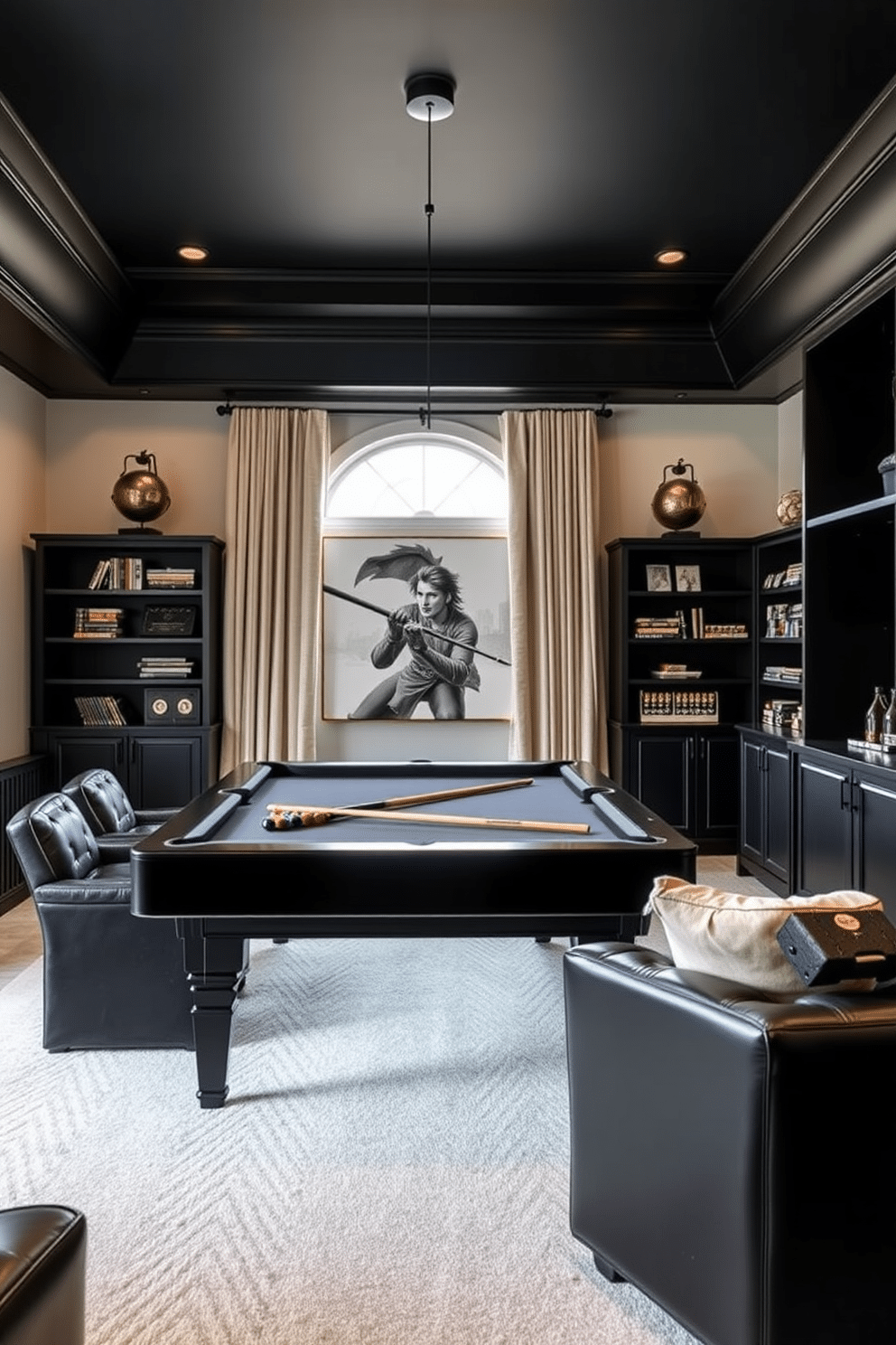 Stylish black storage bins for organization. These bins are made of durable fabric with a sleek design, perfect for storing toys and games while maintaining a modern aesthetic in any room. Black Game Room Design Ideas. The game room features a striking black pool table as the centerpiece, surrounded by comfortable seating in dark leather.